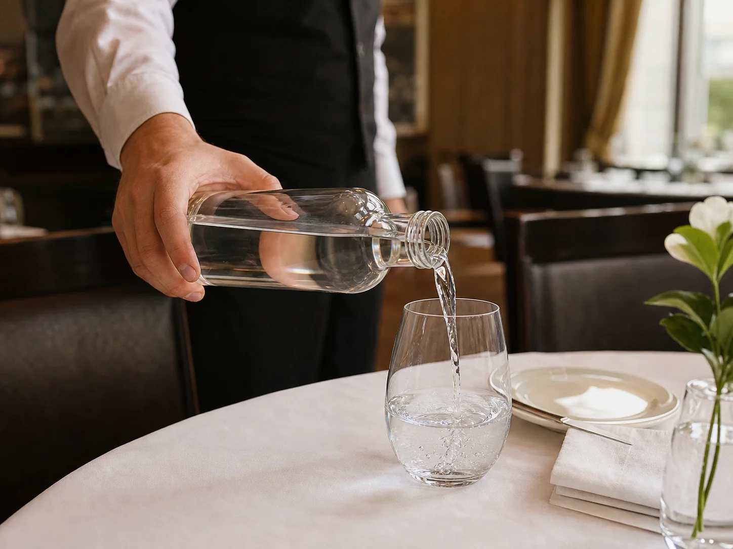 Bouteille en verre pour l’eau servie dans les restaurants et les chambres d’hôtel