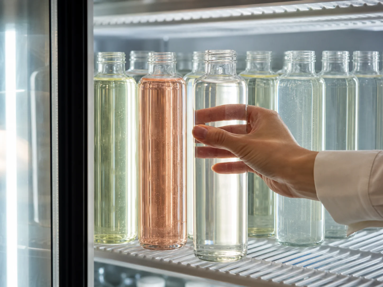 Bouteille en verre pour eaux aromatisées dont les saveurs se distinguent à travers le verre dans un réfrigérateur