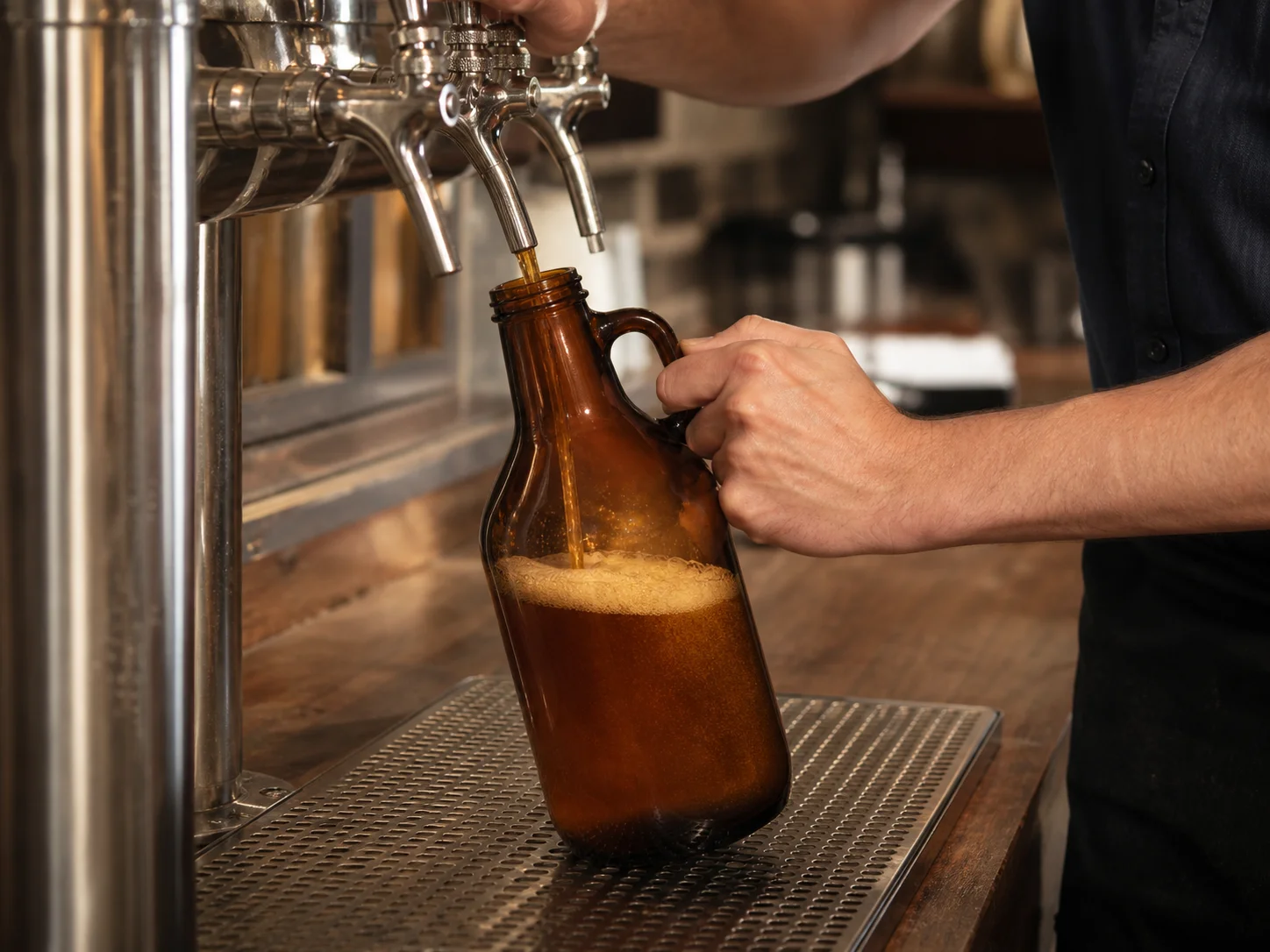 Growler rempli à la tireuse dans une taproom, pour emporter de la bière pression à domicile