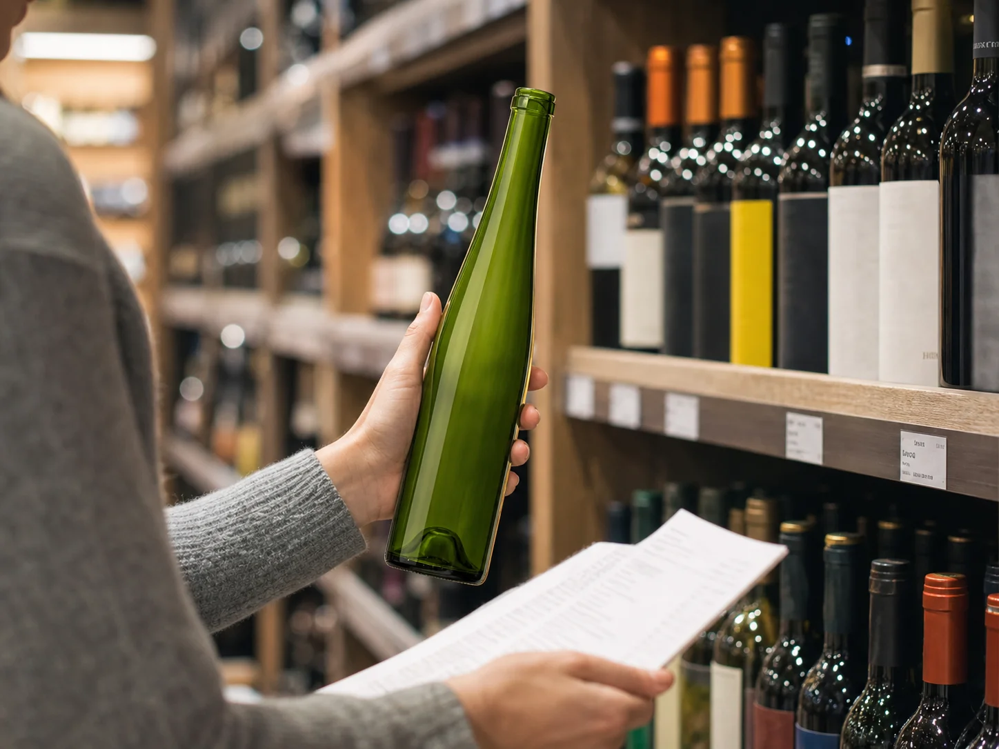 Bouteille flûte Hock ou Riesling élancée, lisible à distance en rayon ou sur une carte des vins