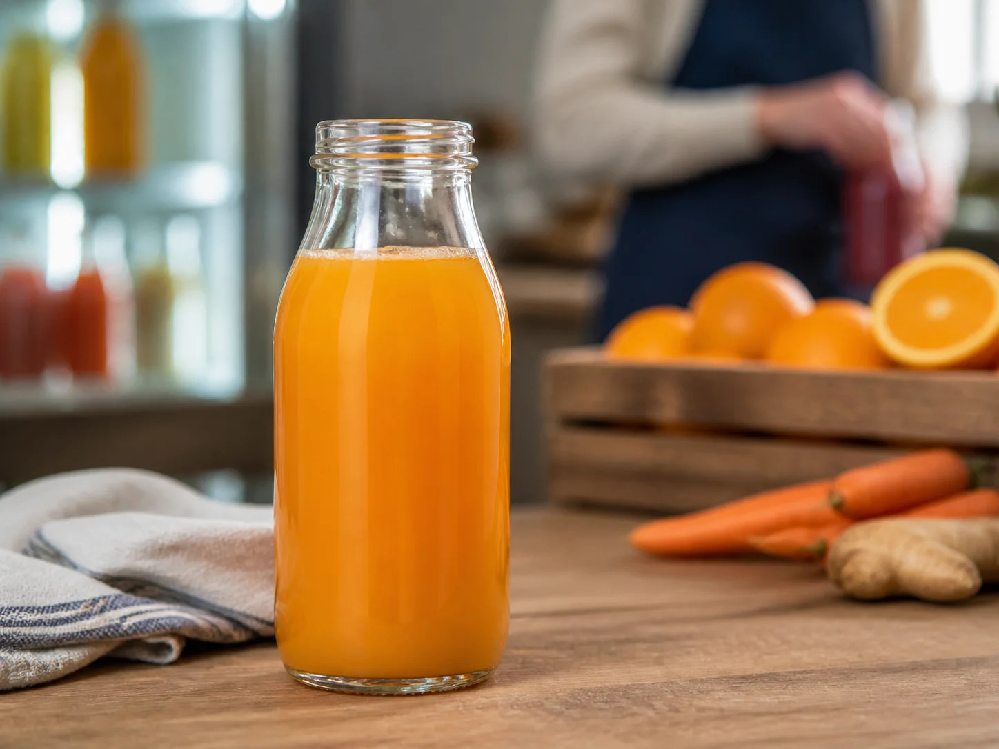 Bouteille transparente pour jus, présentant la couleur du jus de fruits en rayon