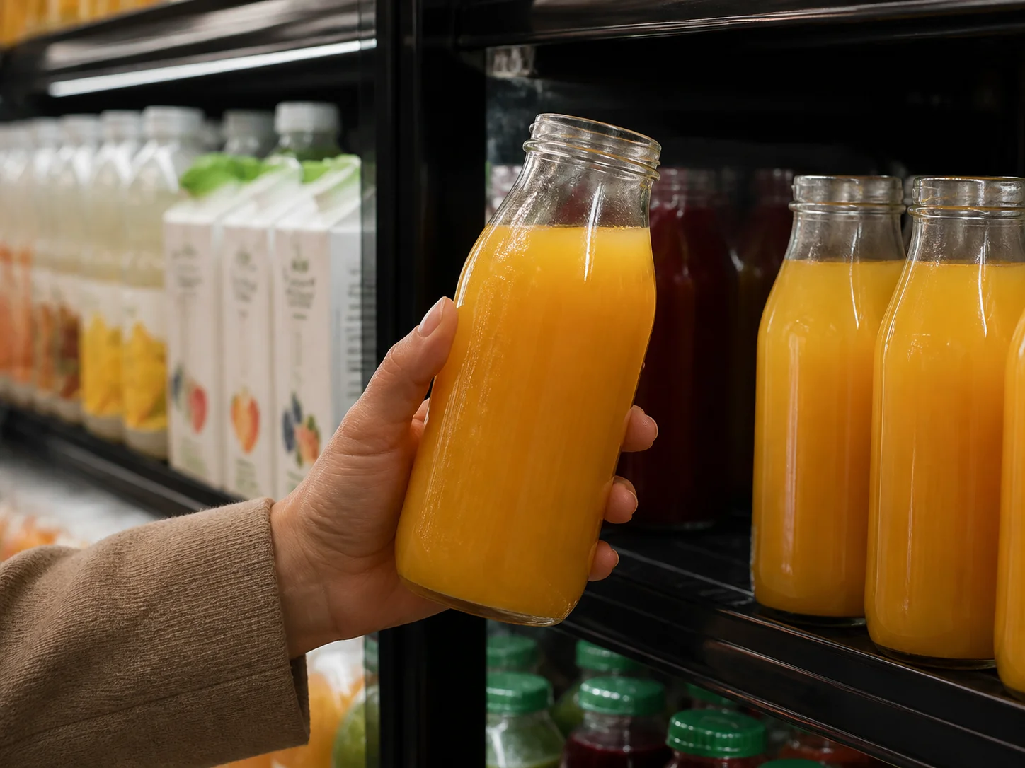 Bouteille en verre pour jus dans un rayon dominé par les emballages plastiques, positionnée en gamme haut de gamme