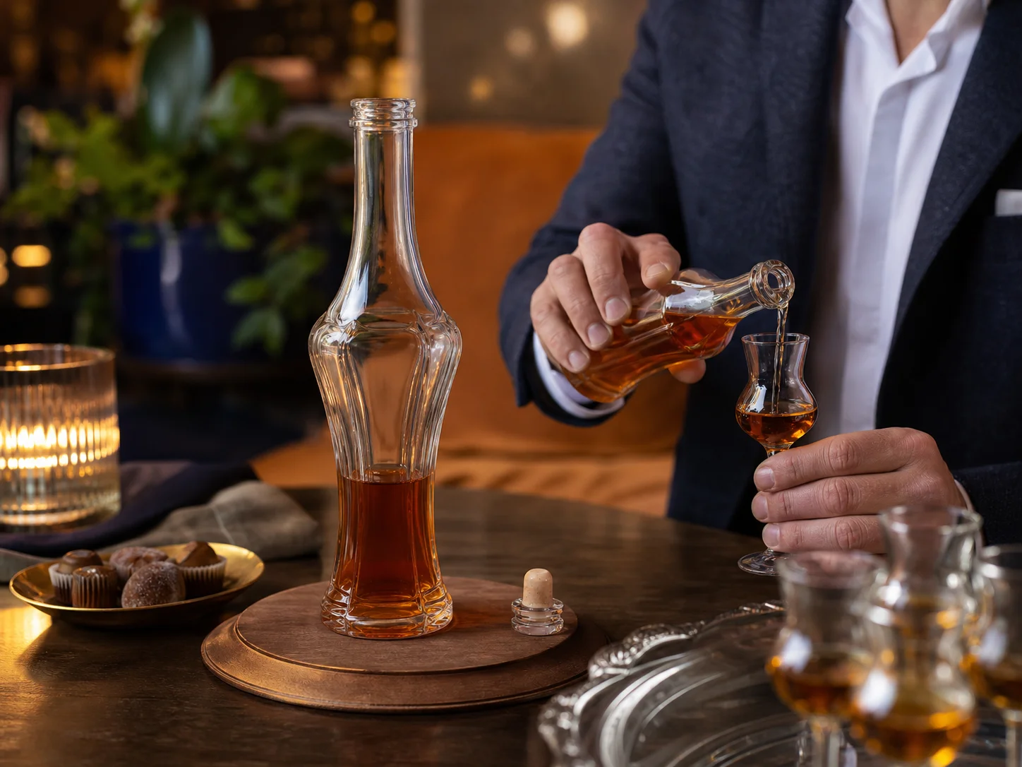 Bouteille pour liqueur conservée pour un service occasionnel dans un contexte de cadeau ou d’hôtellerie-restauration