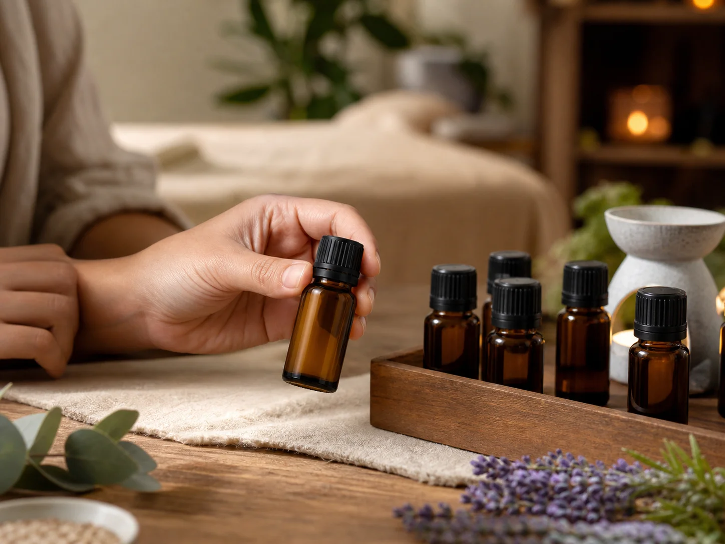 Flacon pour huile essentielle aromatique ouvert et refermé tout au long de la journée, dans un cabinet de soin