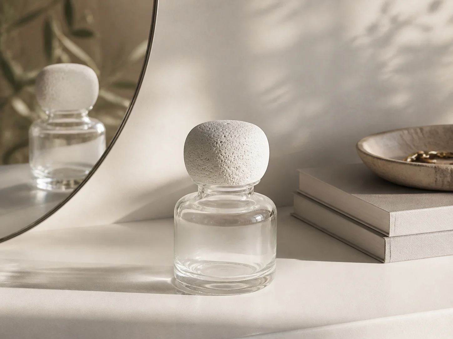 Flacon pour diffuseur à pierre aromatique utilisé comme objet sculptural sur une étagère ou un bureau