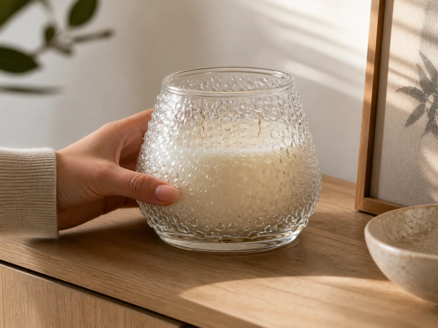 Pot à bougie texturé utilisé comme pièce décorative