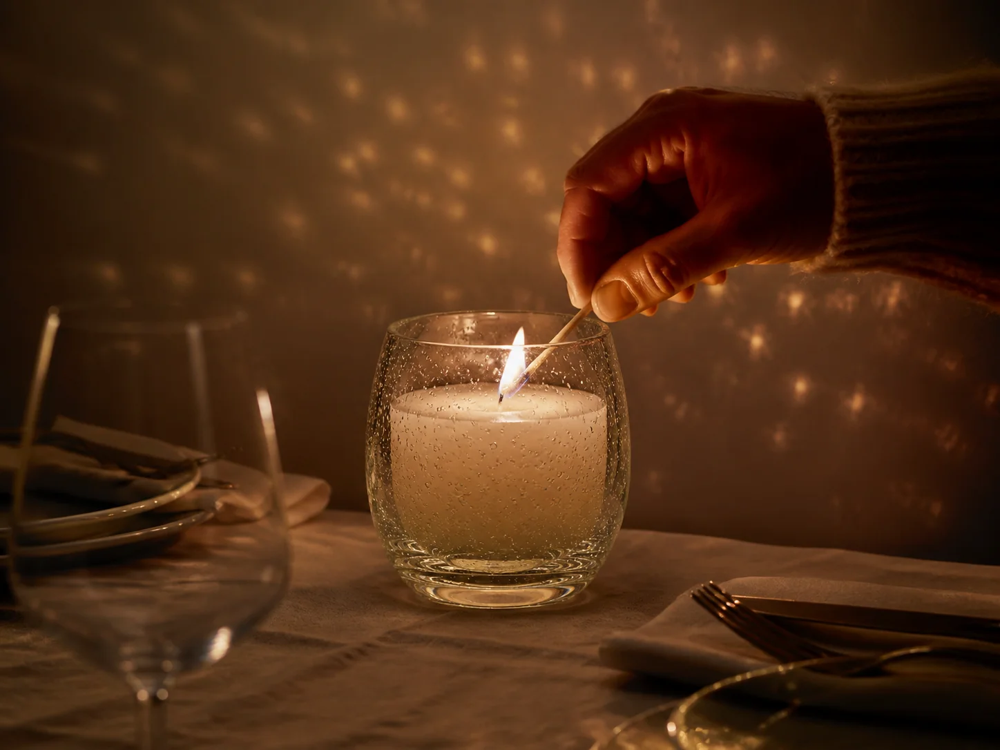Récipient à bulles Bullicante pour bougie illuminé dans une pièce tamisée autour d’une table