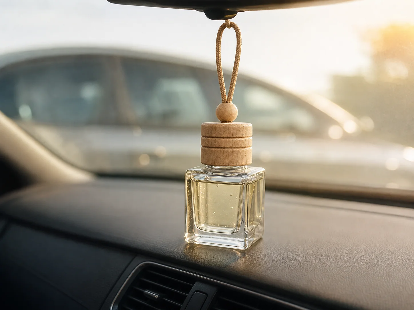 Flacon diffuseur automobile exposé aux températures estivales derrière une vitre