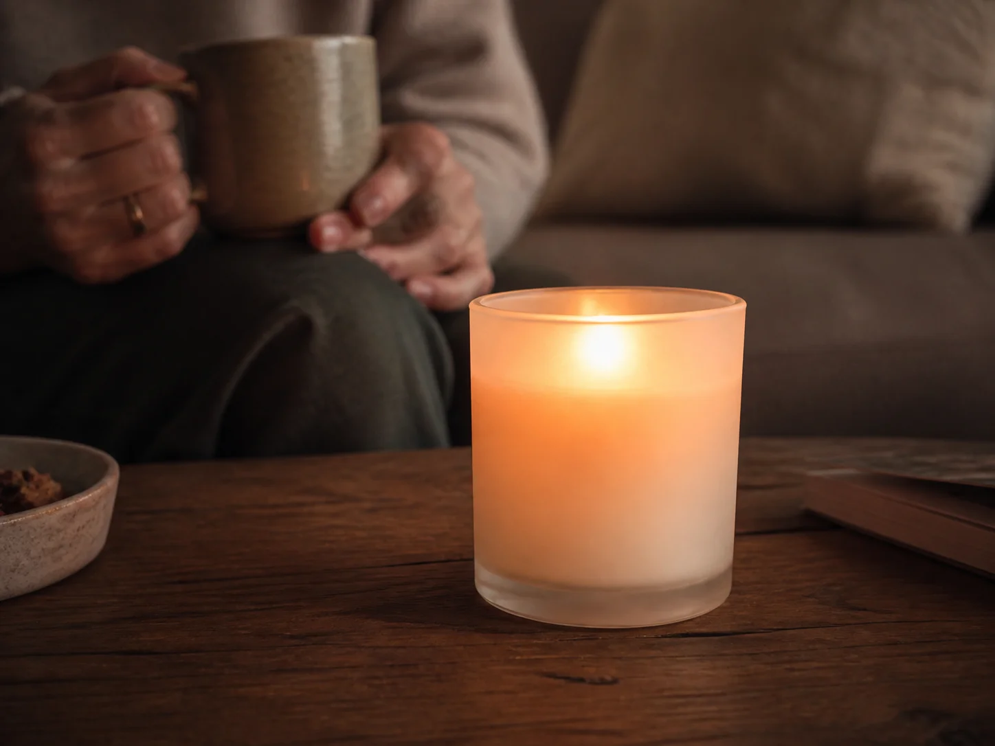Pot à bougie en verre dépoli allumé pour créer une lumière d’ambiance