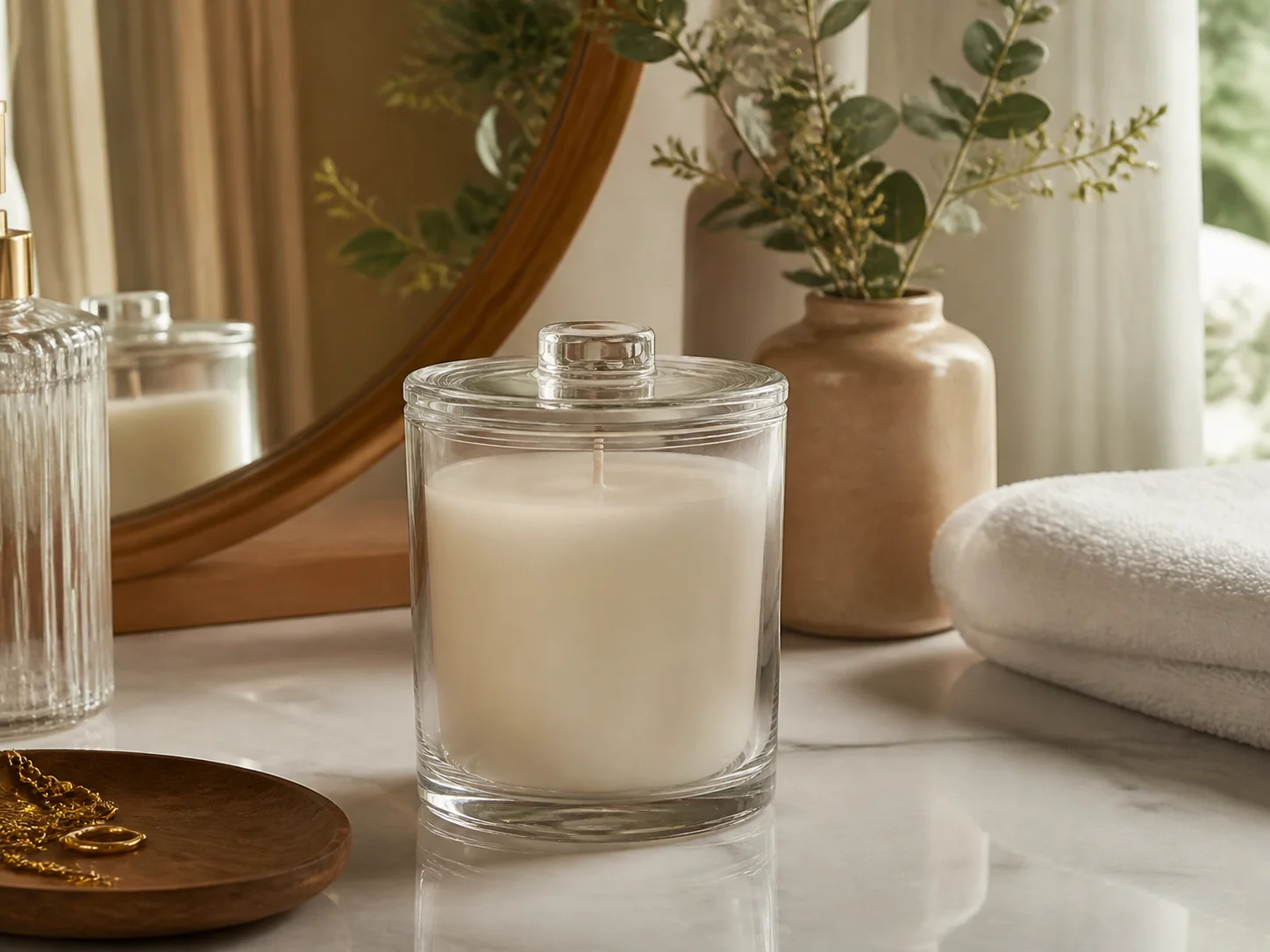 Pot à bougie avec couvercle en verre exposé dans un intérieur décoré, bougie éteinte