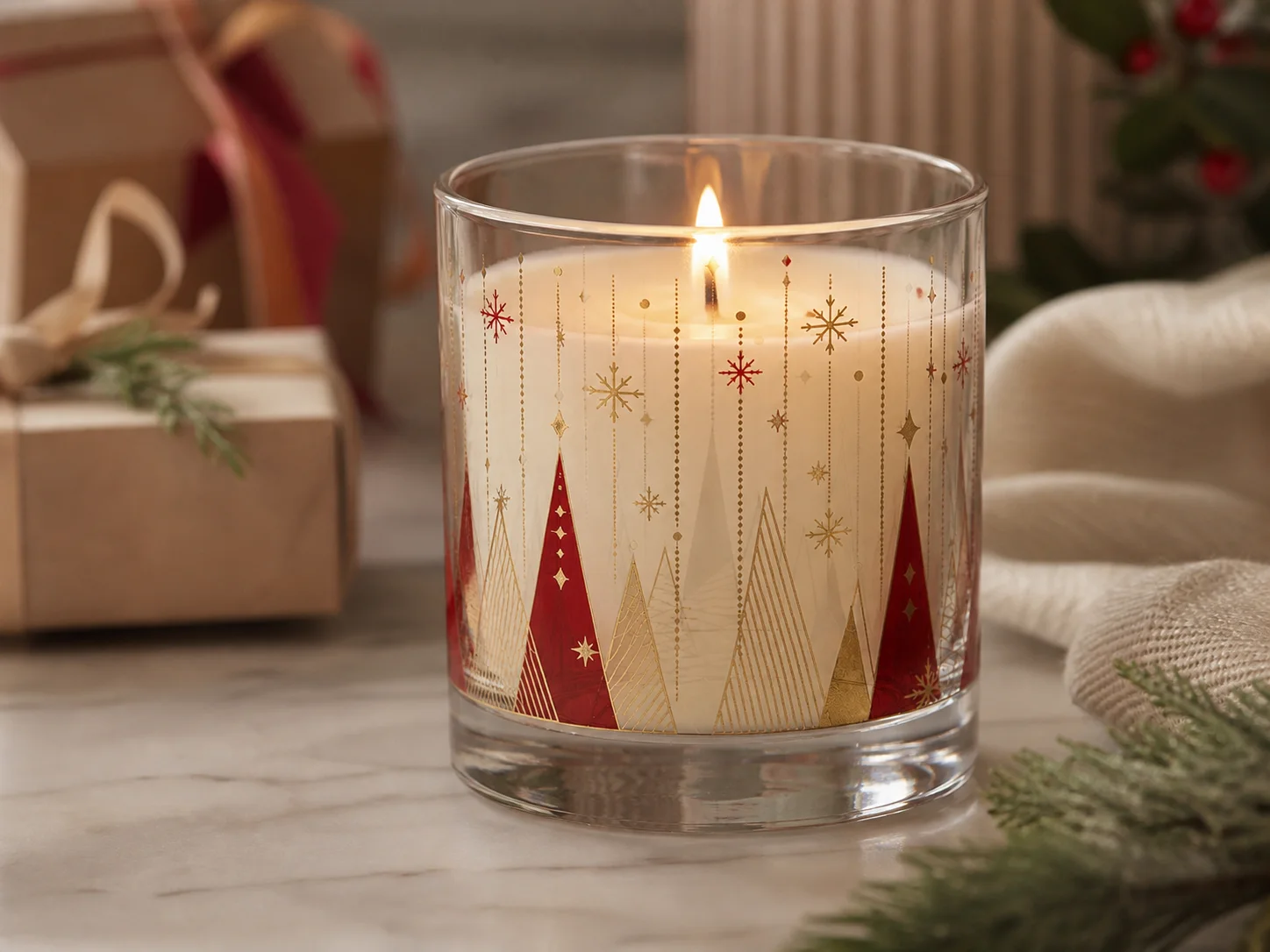 Récipient pour bougie de Noël ou des fêtes, intégré à une gamme saisonnière