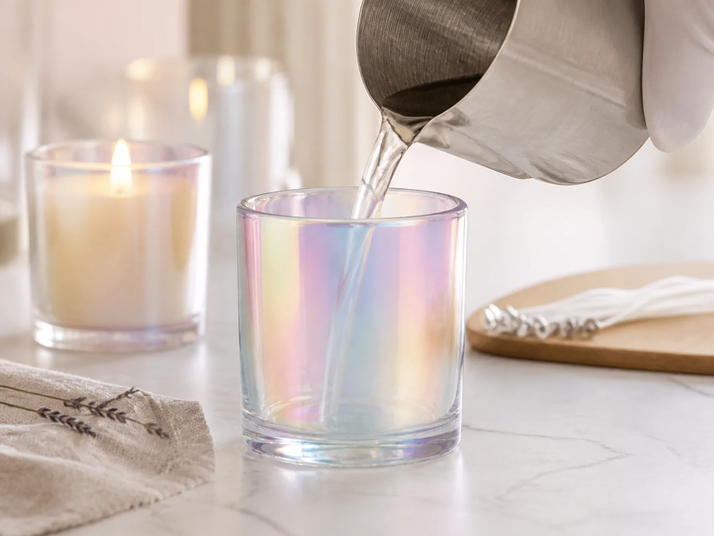 Récipient en verre irisé à effet aura pour gammes de bougies conçues pour les réseaux sociaux