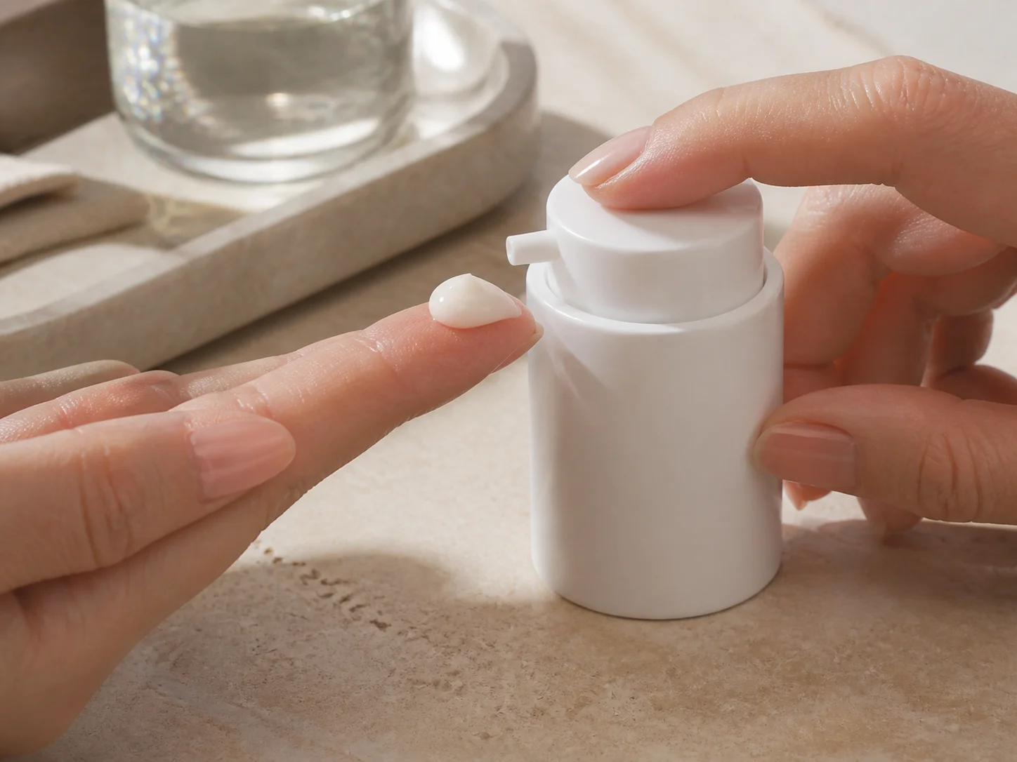 Pompe airless utilisée pour un petit pot contenant un produit de grande valeur, dans un contexte de soins haut de gamme