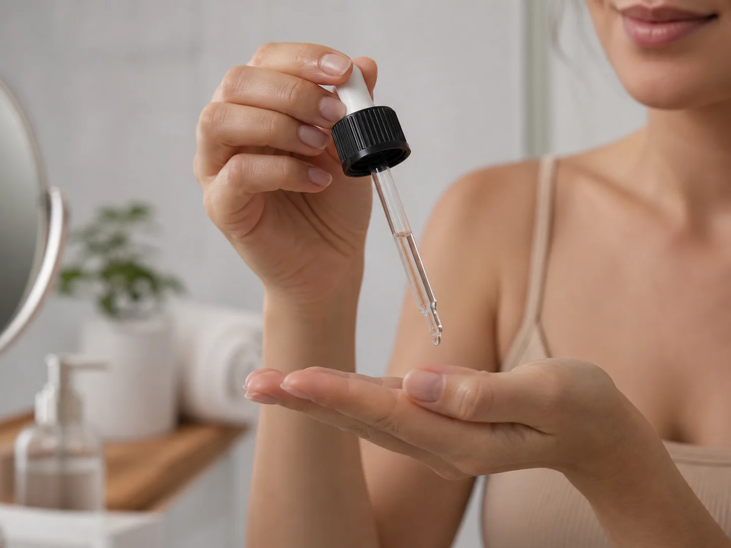 Ensemble compte-gouttes monté sur un flacon de soin de la peau pour sérum ou produit de traitement