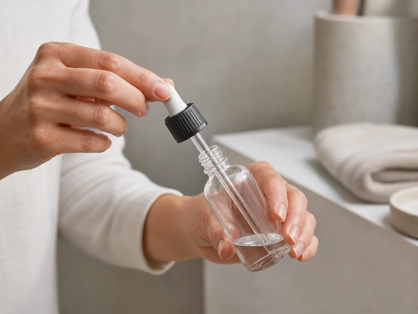 Ensemble compte-gouttes utilisé par un client qui incline le flacon pour obtenir une dose en fin de flacon de sérum
