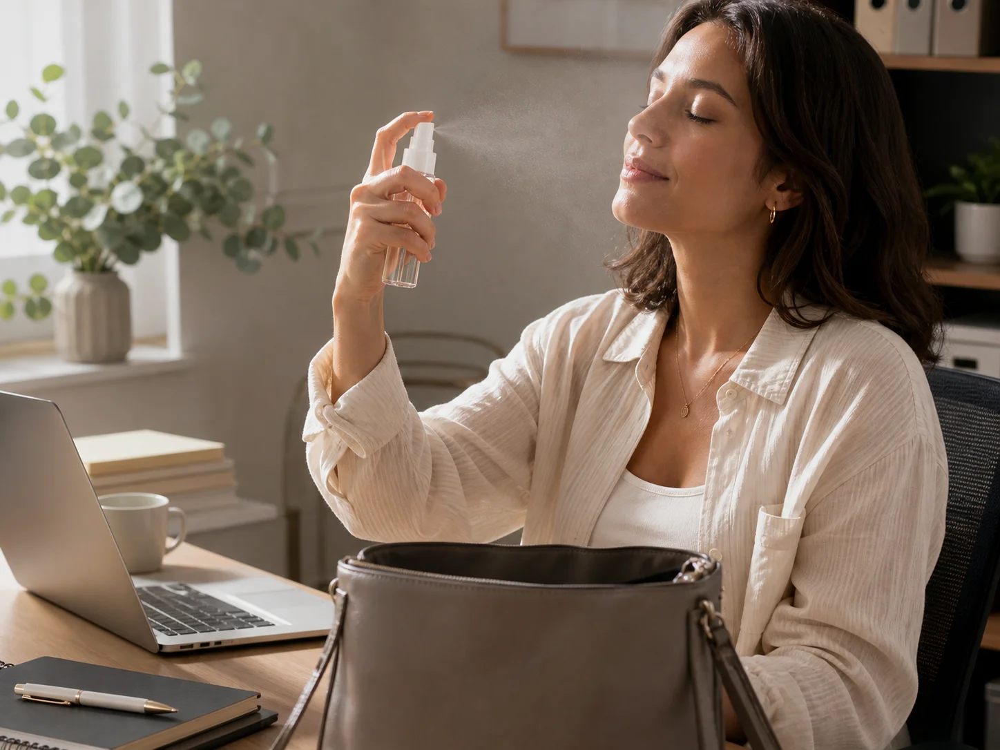 Vaporisateur à brume fine utilisé sur un flacon transporté jusqu’à épuisement, au bureau ou dans un sac à main