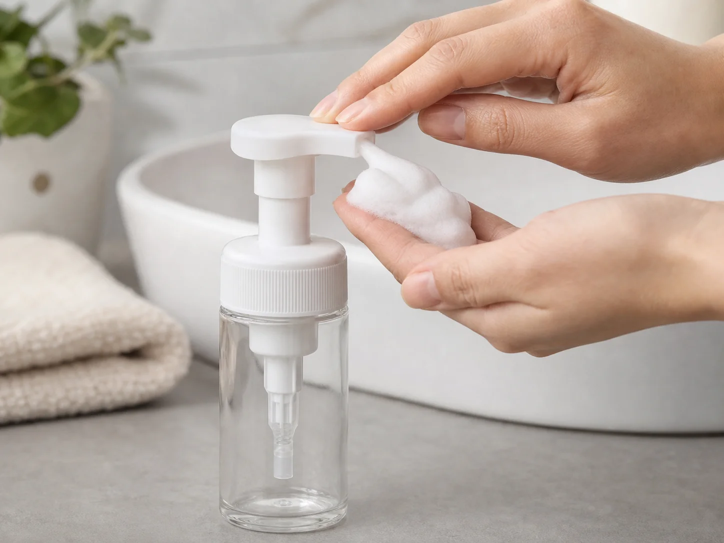 Pompe moussante utilisée pour produire de la mousse à la demande avec un nettoyant ou un savon pour les mains