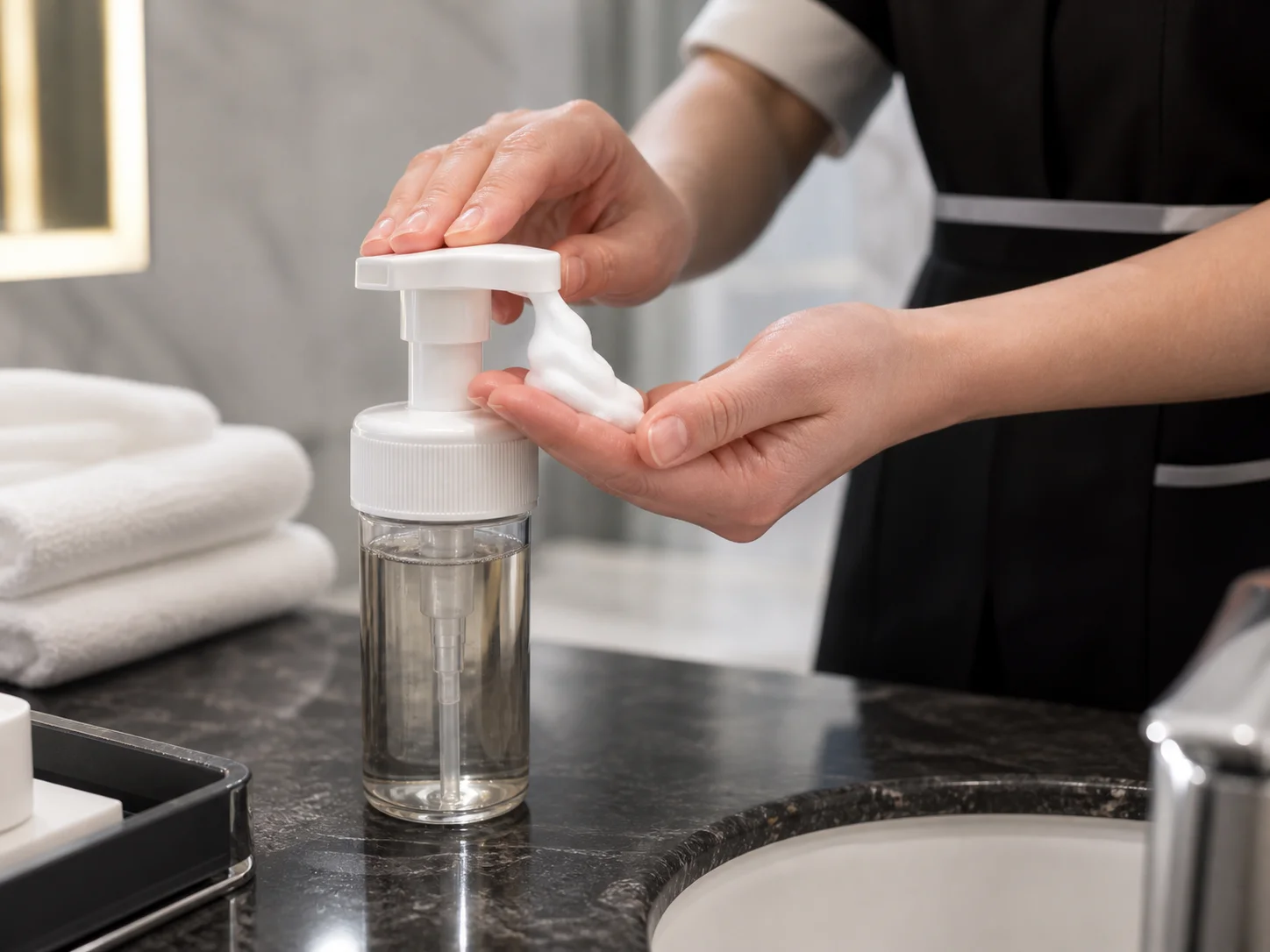 Pompe moussante pour un savon utilisé des dizaines de fois par jour dans des hôtels et des sanitaires
