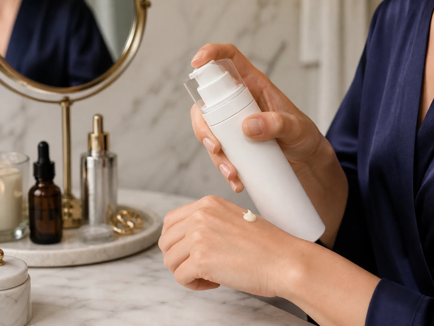 Flacon airless tout-en-un pour lotion utilisé pour des concentrés à forte valeur ajoutée, dans un contexte de soin haut de gamme