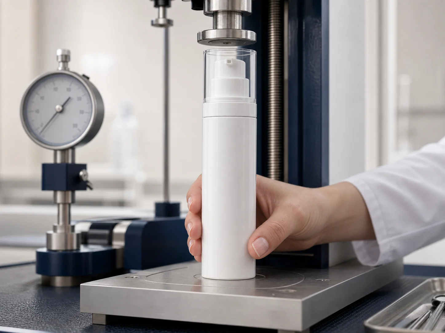 Flacon airless tout-en-un pour lotion utilisé pour des gammes de soins en plusieurs formats, dans un contexte d’architecture de gamme