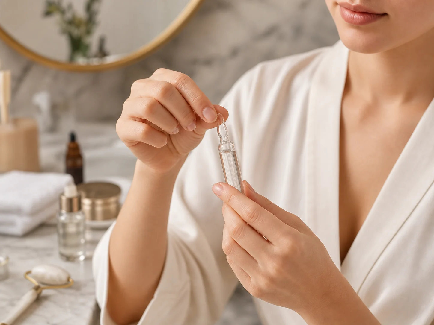 Ampoule cosmétique utilisée lors d’une ouverture par le client, dans un contexte de manipulation sûre et de risque de casse