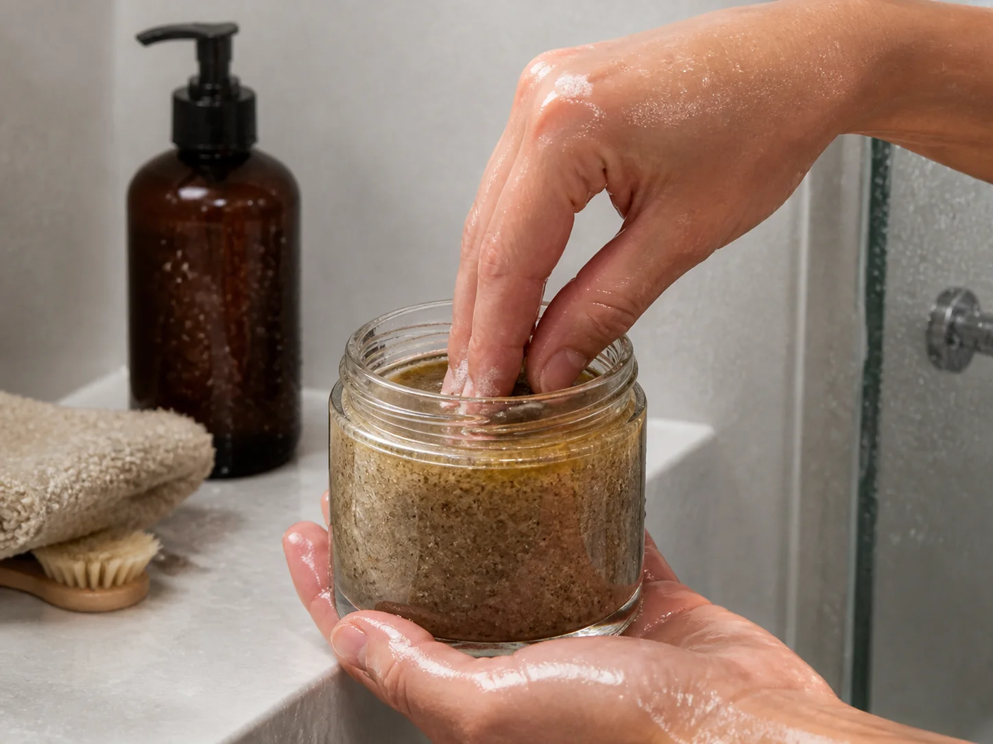 Pot pour gommage corporel ouvert avec les mains mouillées, dans une douche