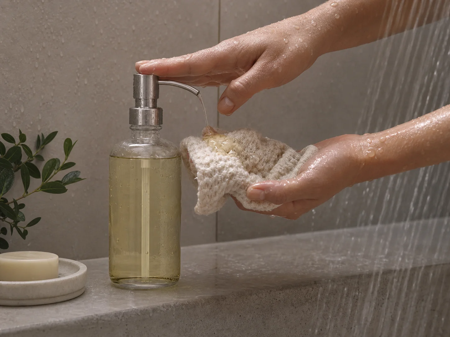 Flacon de gel douche utilisé pour les gels douche et nettoyants corporels du quotidien sous la douche