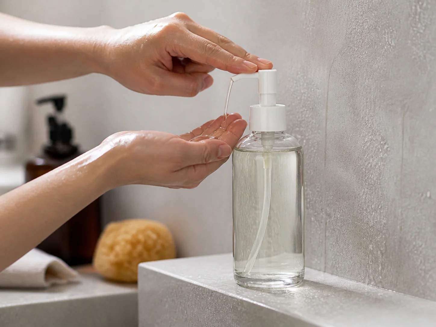Flacon d’huile nettoyante manipulé avec les mains mouillées dans la salle de bains ou sous la douche