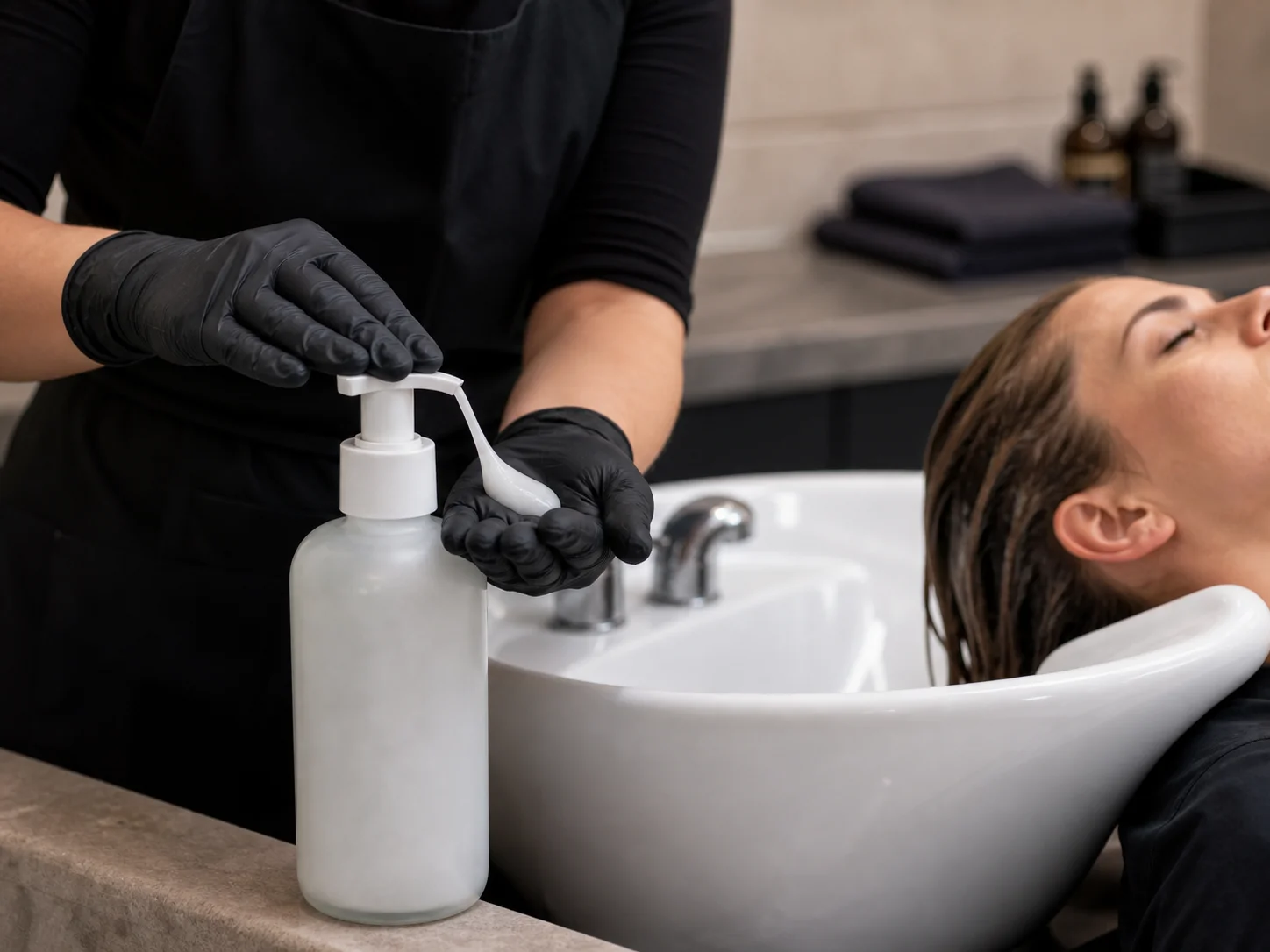 Flacon d’après-shampoing grand format pour un bac de lavage en salon de coiffure