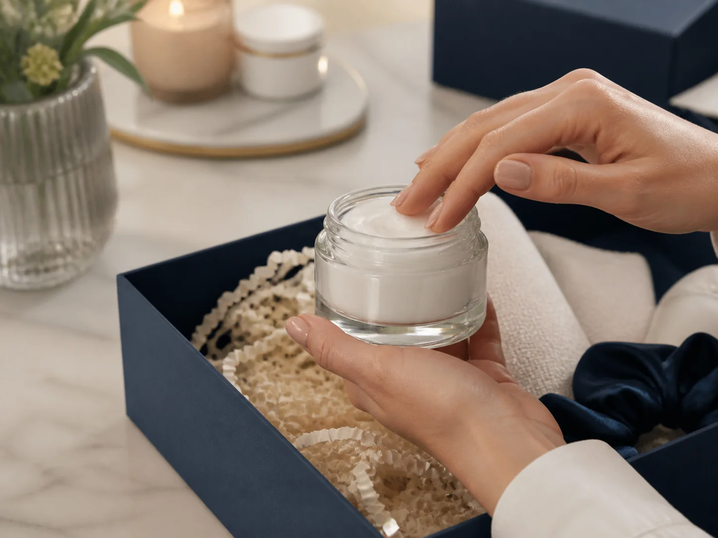 Pot de crème présenté dans des coffrets de soins et comme cadeau de comptoir