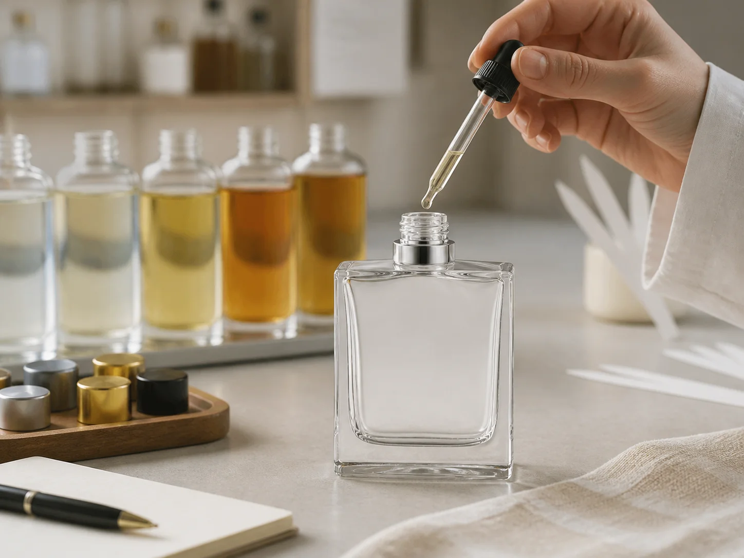 Flacon de parfum à col serti partagé par plusieurs fragrances d’une même collection