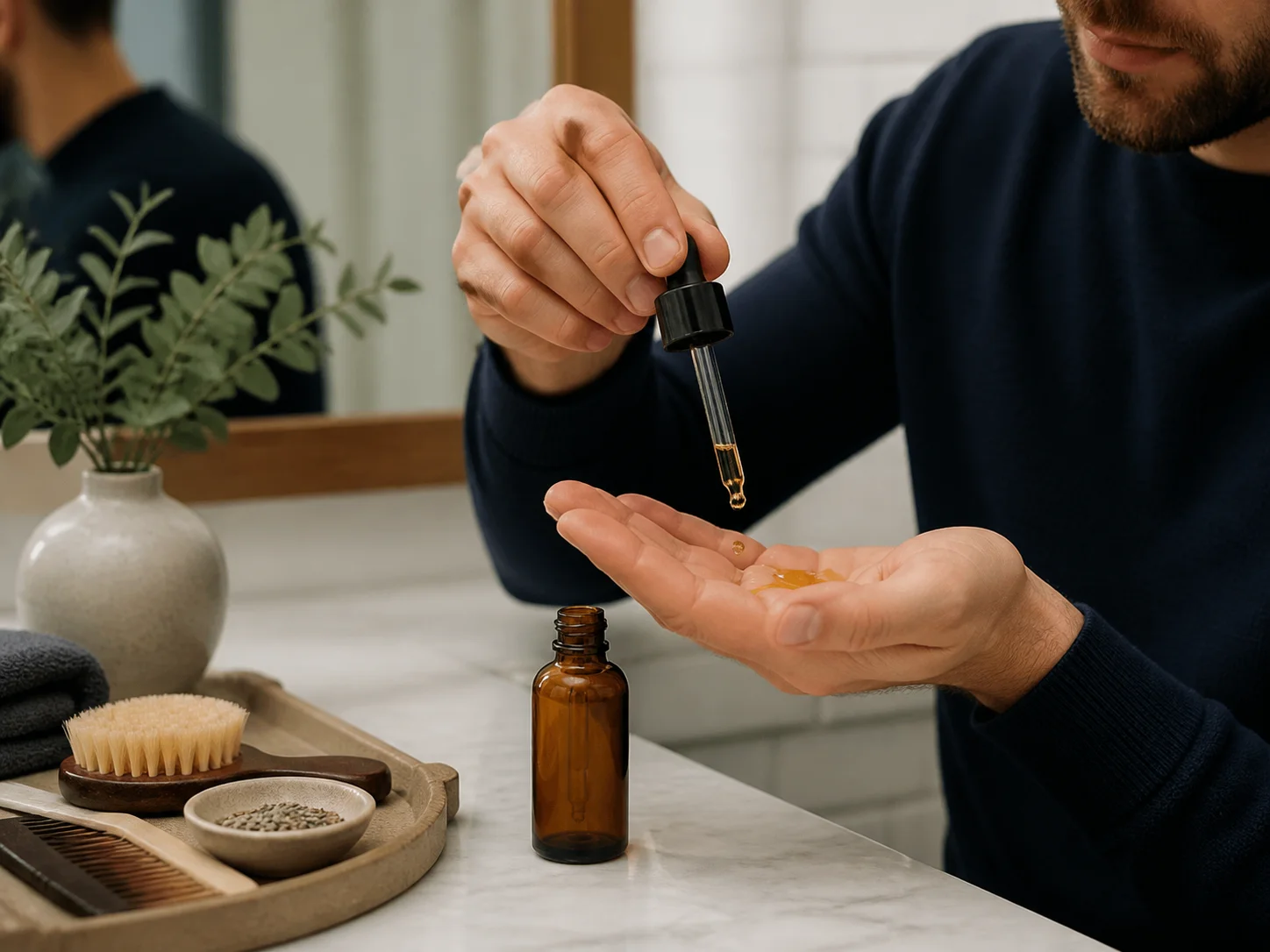 Flacon compte-gouttes pour sérum utilisé pour le visage, la barbe et les huiles végétales dans un rituel aux huiles