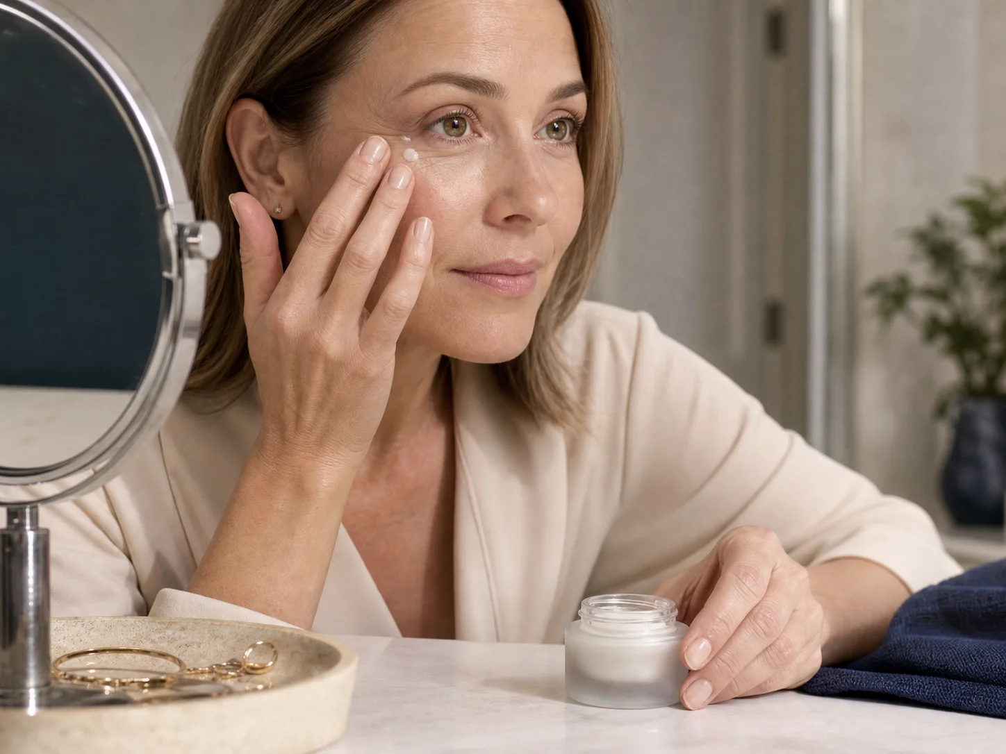 Pot de crème contour des yeux utilisé avec le même doigt chaque jour dans les rituels du matin