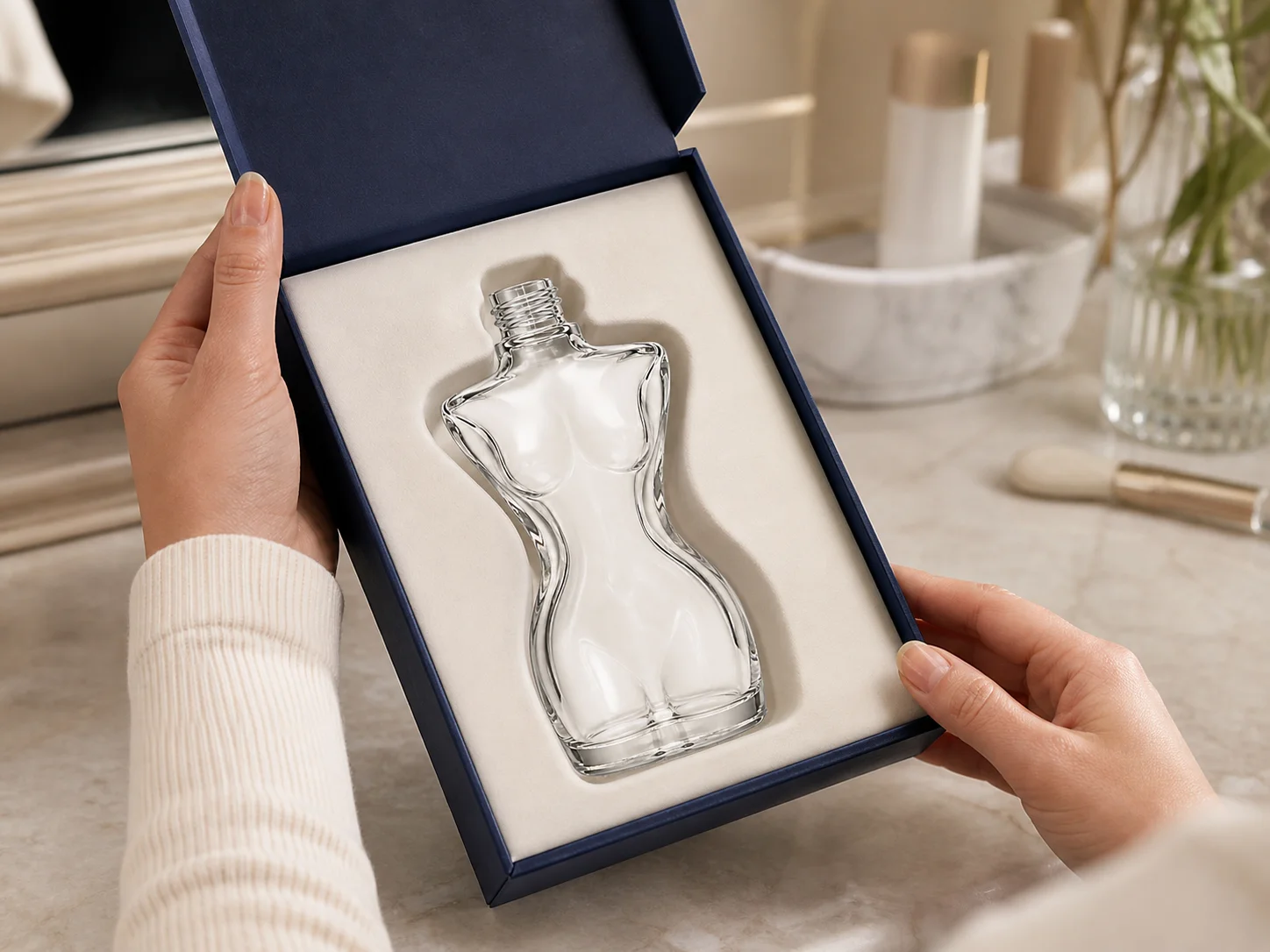 Présentation en boîte d’un flacon de parfum à forme irrégulière