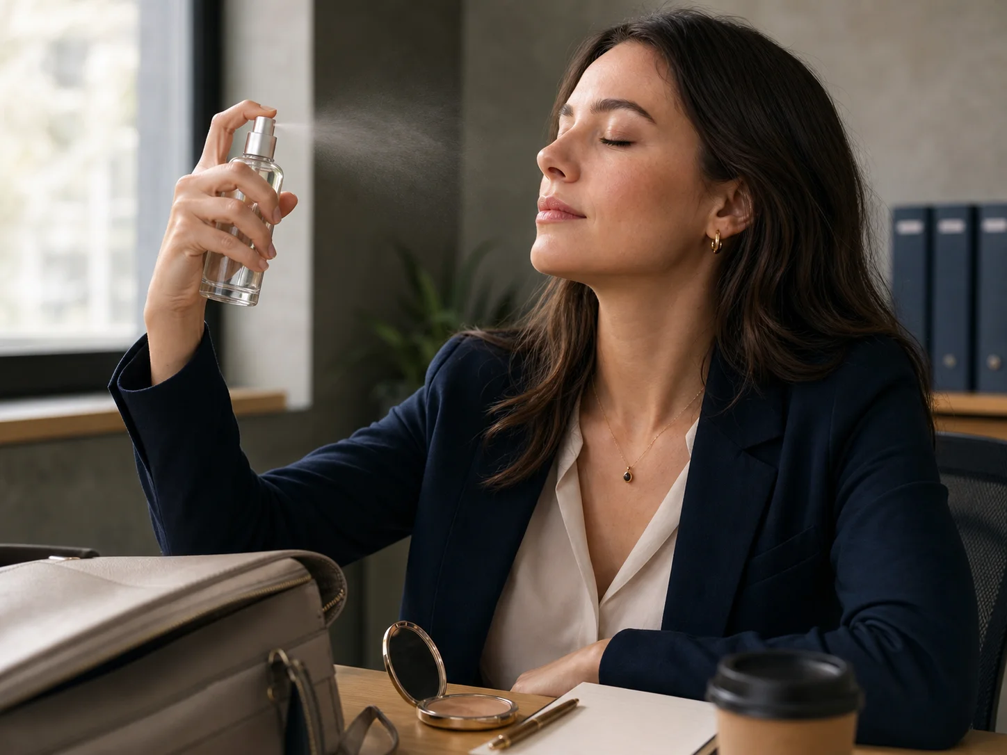 Flacon pour spray fixateur à brume fine utilisé pour rafraîchir le maquillage au bureau ou en déplacement