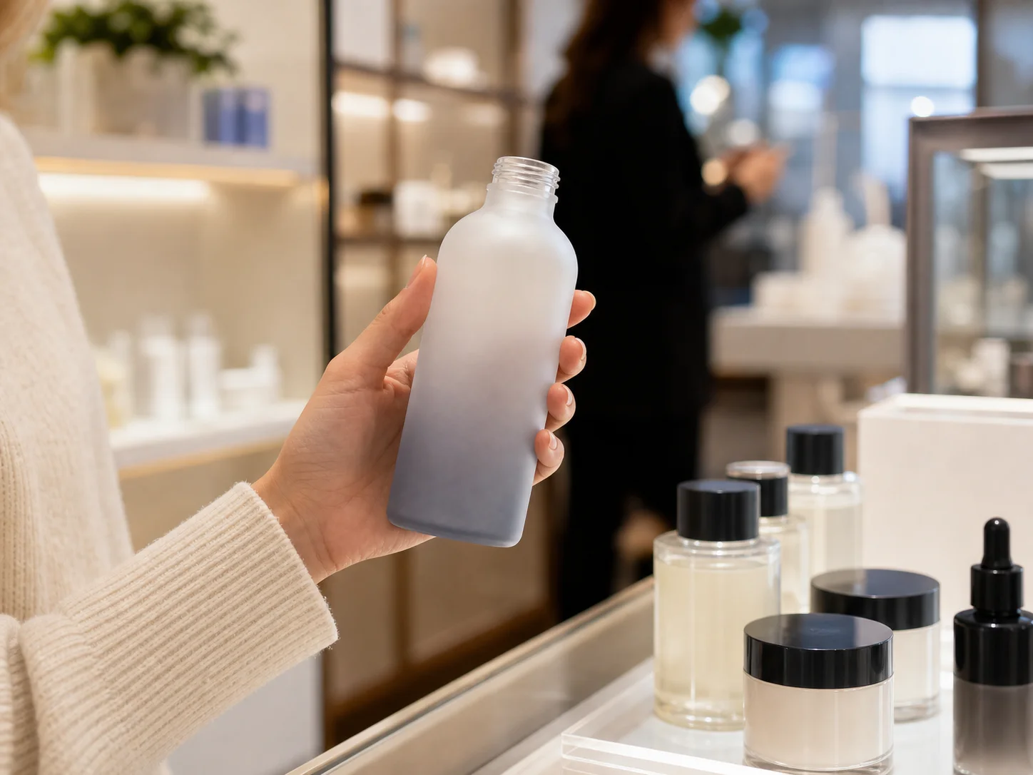Flacon à dégradé dépoli pris en main dans une boutique puis retrouvé en ligne