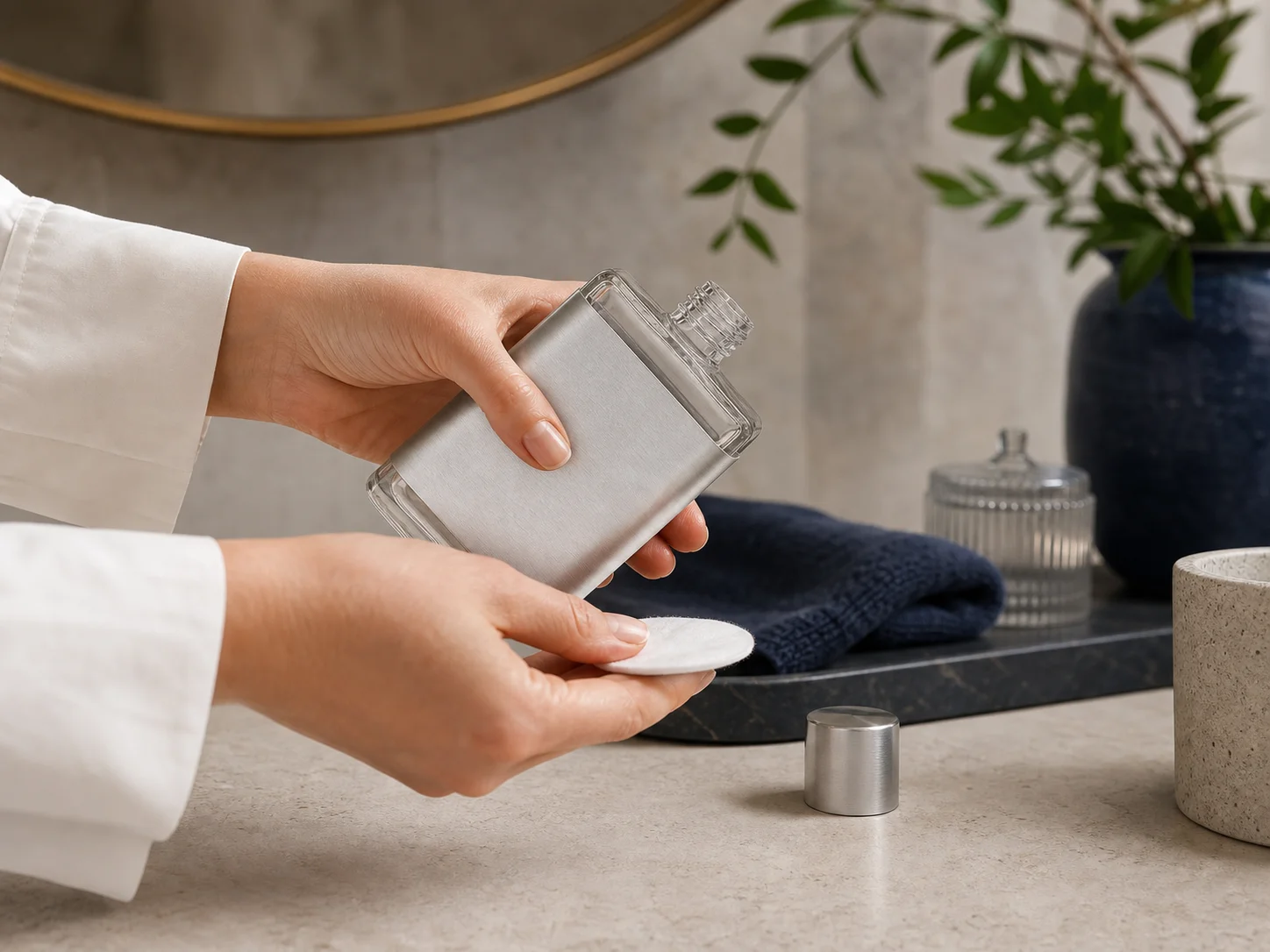 Flacon hybride verre-aluminium pour une gamme de soins haut de gamme avec accent métallique