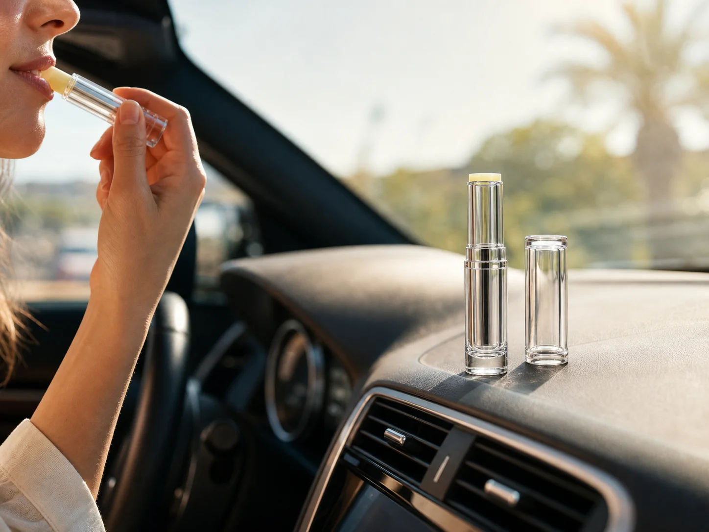 Étui à rouge à lèvres en verre contenant un baume laissé dans une voiture chaude en été