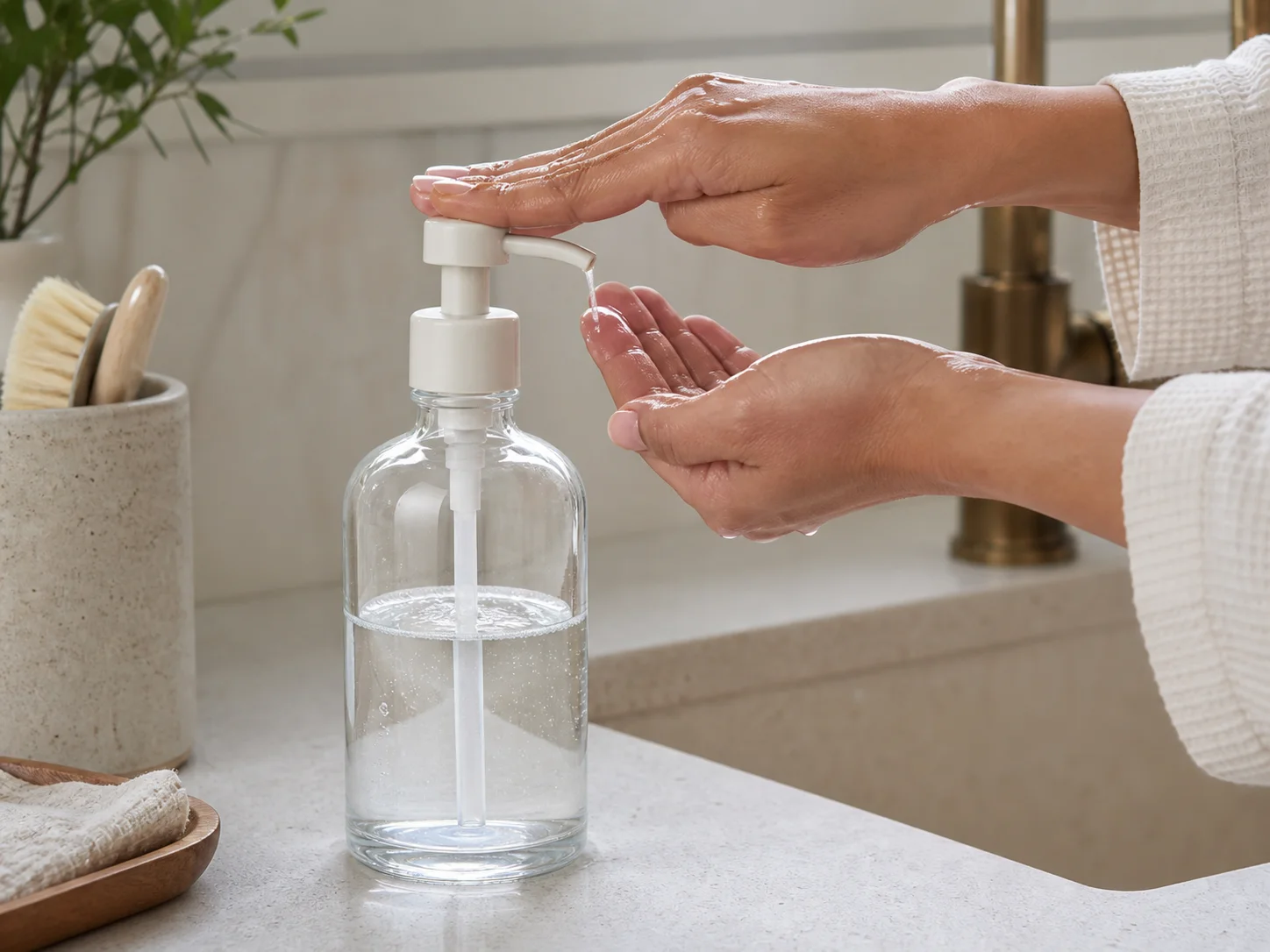 Flacon de savon pour les mains utilisé au quotidien près d’un évier de cuisine ou d’un lavabo de salle de bains