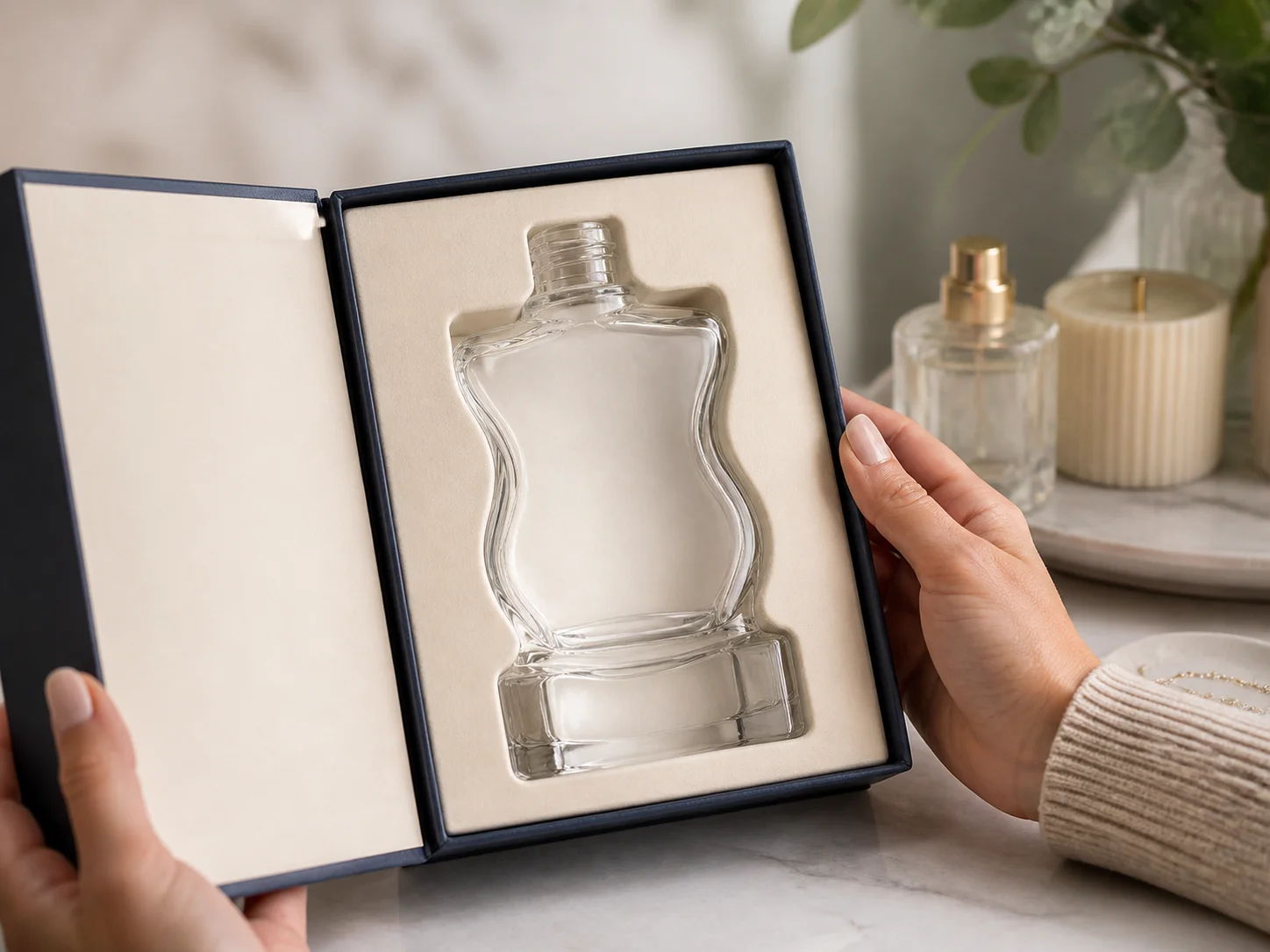 Flacon sculptural de parfum à base épaisse dans un coffret de présentation ou un ensemble de comptoir haut de gamme