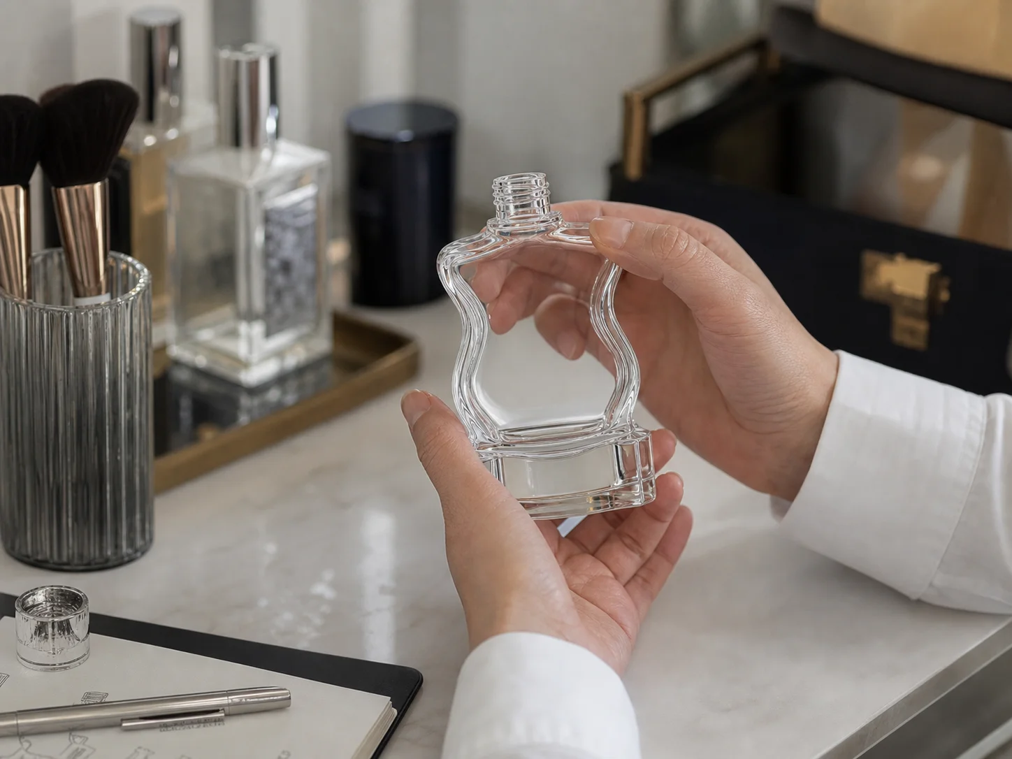Flacon sculptural de parfum à base épaisse, édition de collection à conserver