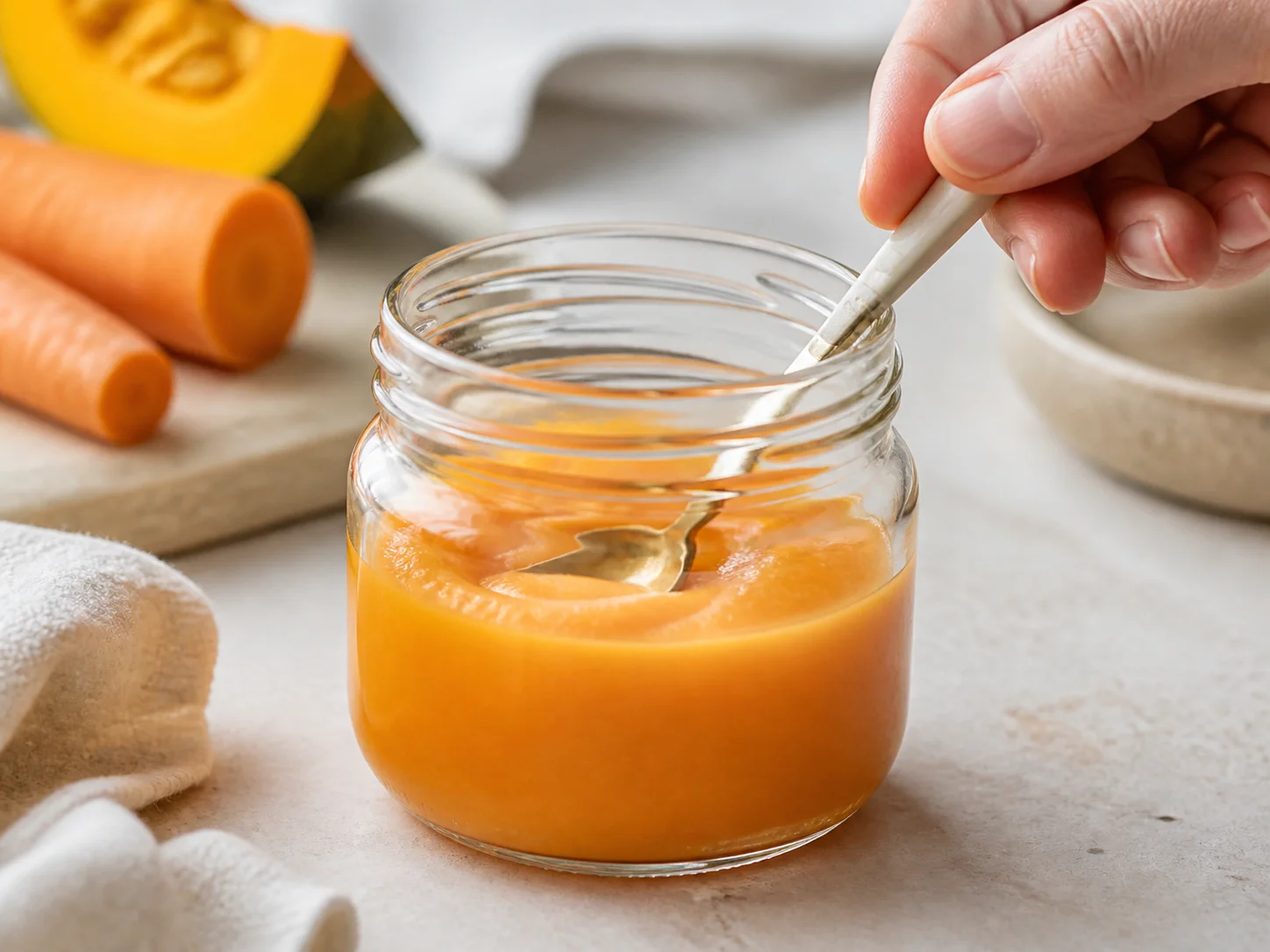 Pot pour aliments pour bébé utilisé pour des recettes à base de fruits, de légumes ou d’un seul ingrédient, dans le contexte de purées lisses