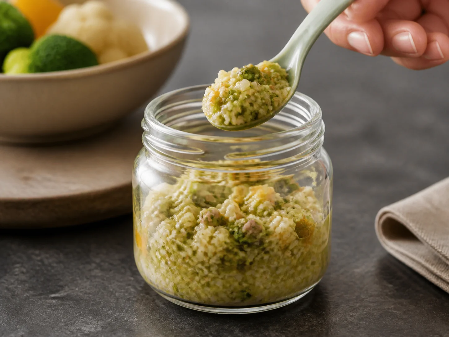 Pot pour aliments pour bébé utilisé pour des mélanges de légumes, céréales et protéines, dans le contexte de repas à texture tendre