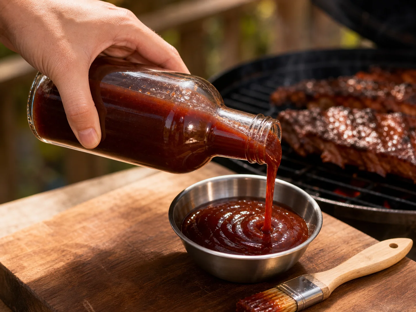 Bouteille de sauce barbecue utilisée pour une sauce fumée à la tomate et à la mélasse, dans un contexte de barbecue classique