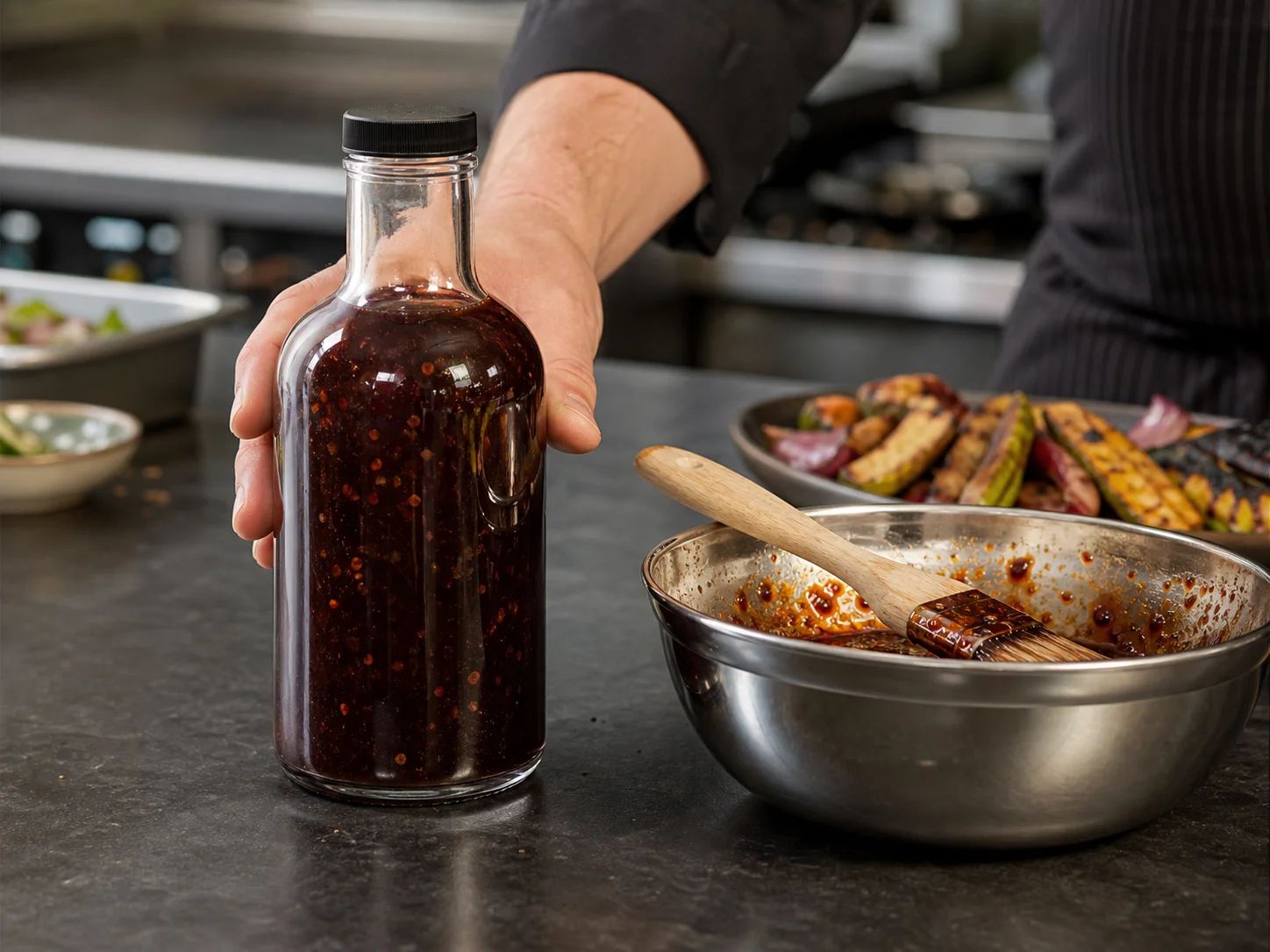 Bouteille de sauce barbecue utilisée pour des marinades, glaçages et sauces de finition, dans un contexte de préparation en cuisine