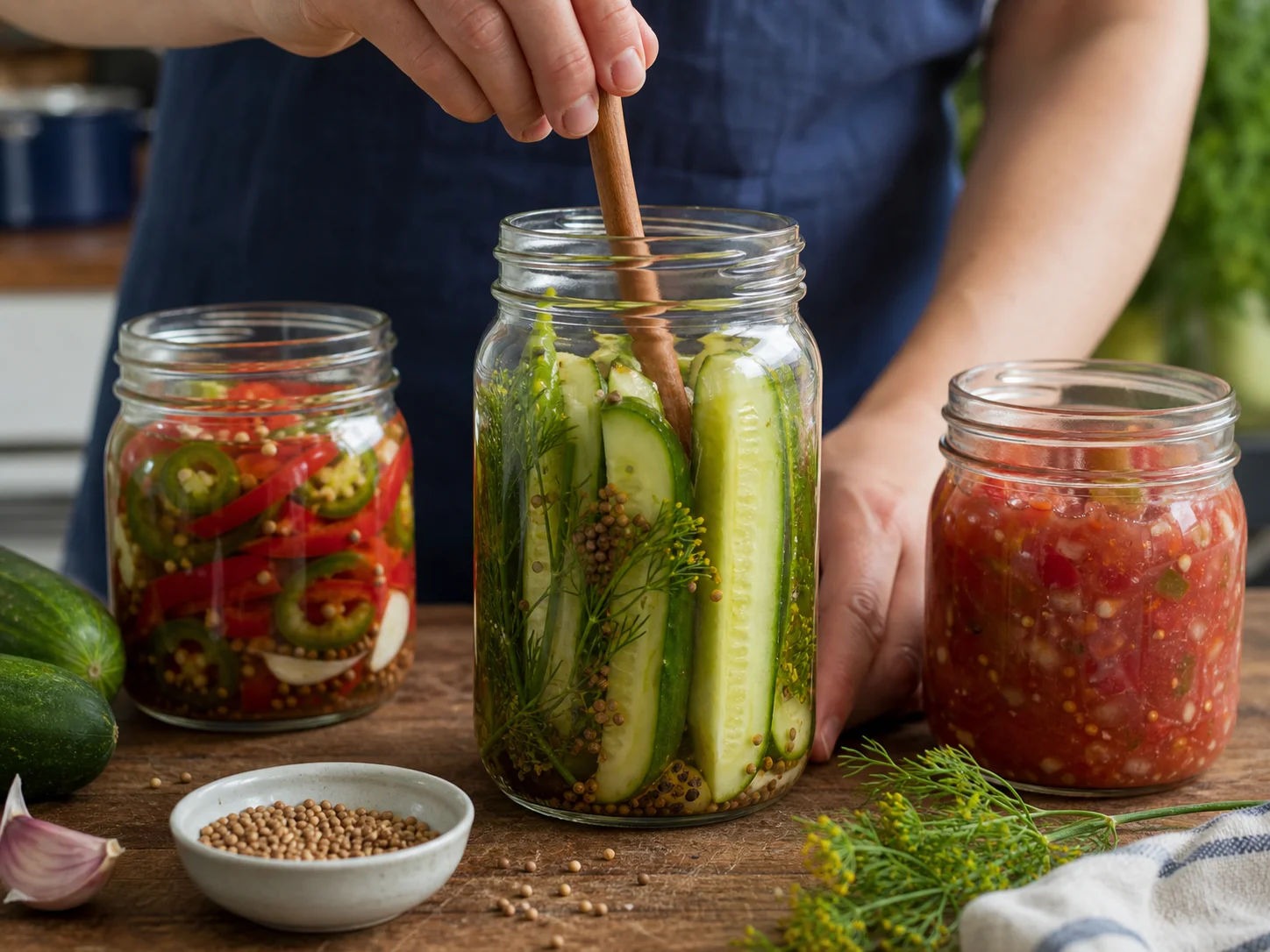 Pot de conserve à large ouverture utilisé pour les légumes au vinaigre, relish de légumes hachés, salsa et tomates, dans un contexte de légumes acidifiés