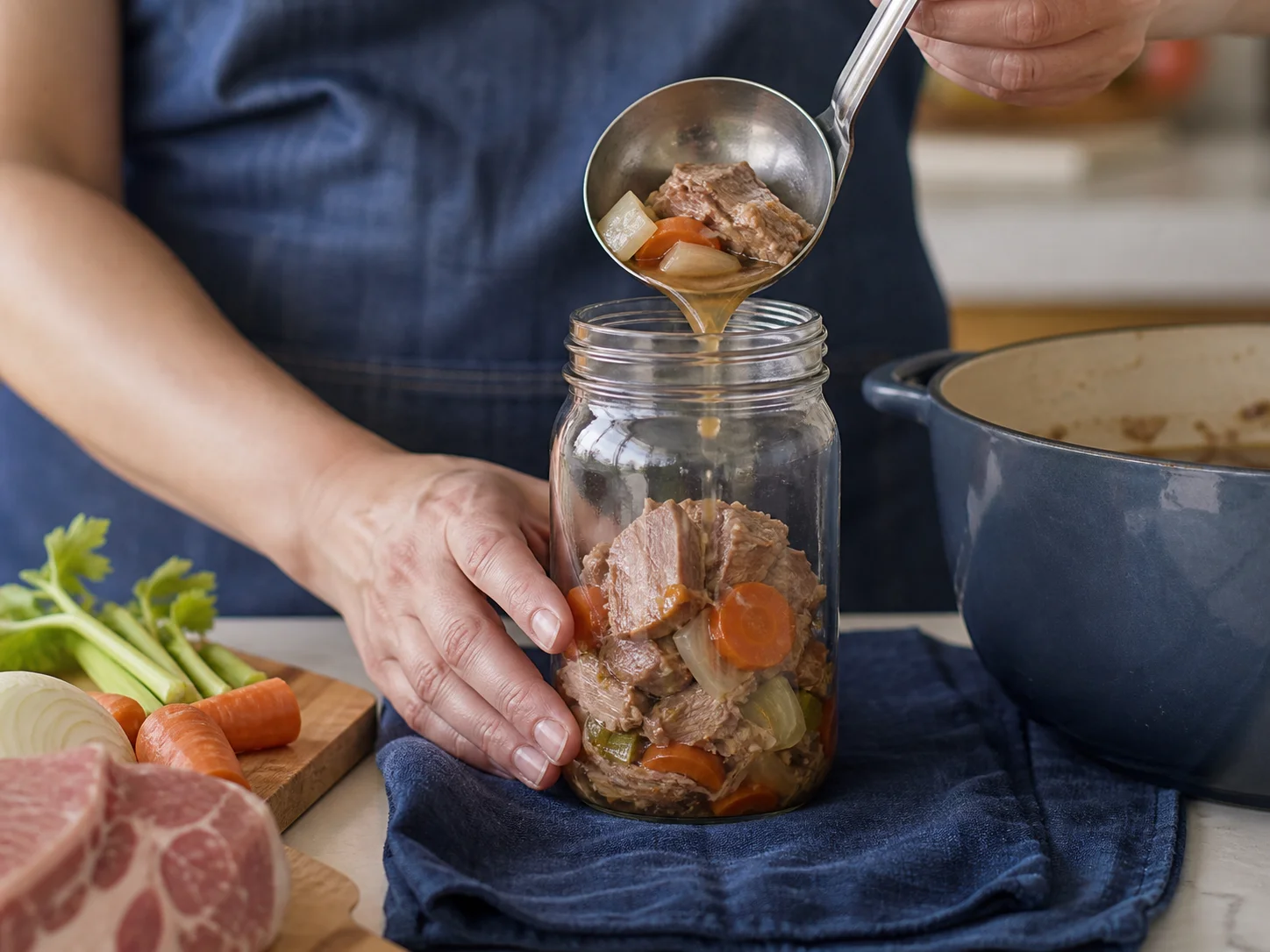Pot de conserve à large ouverture utilisé pour les légumes, la viande, la volaille, le poisson et d’autres produits de la mer, dans un contexte de recettes à faible acidité