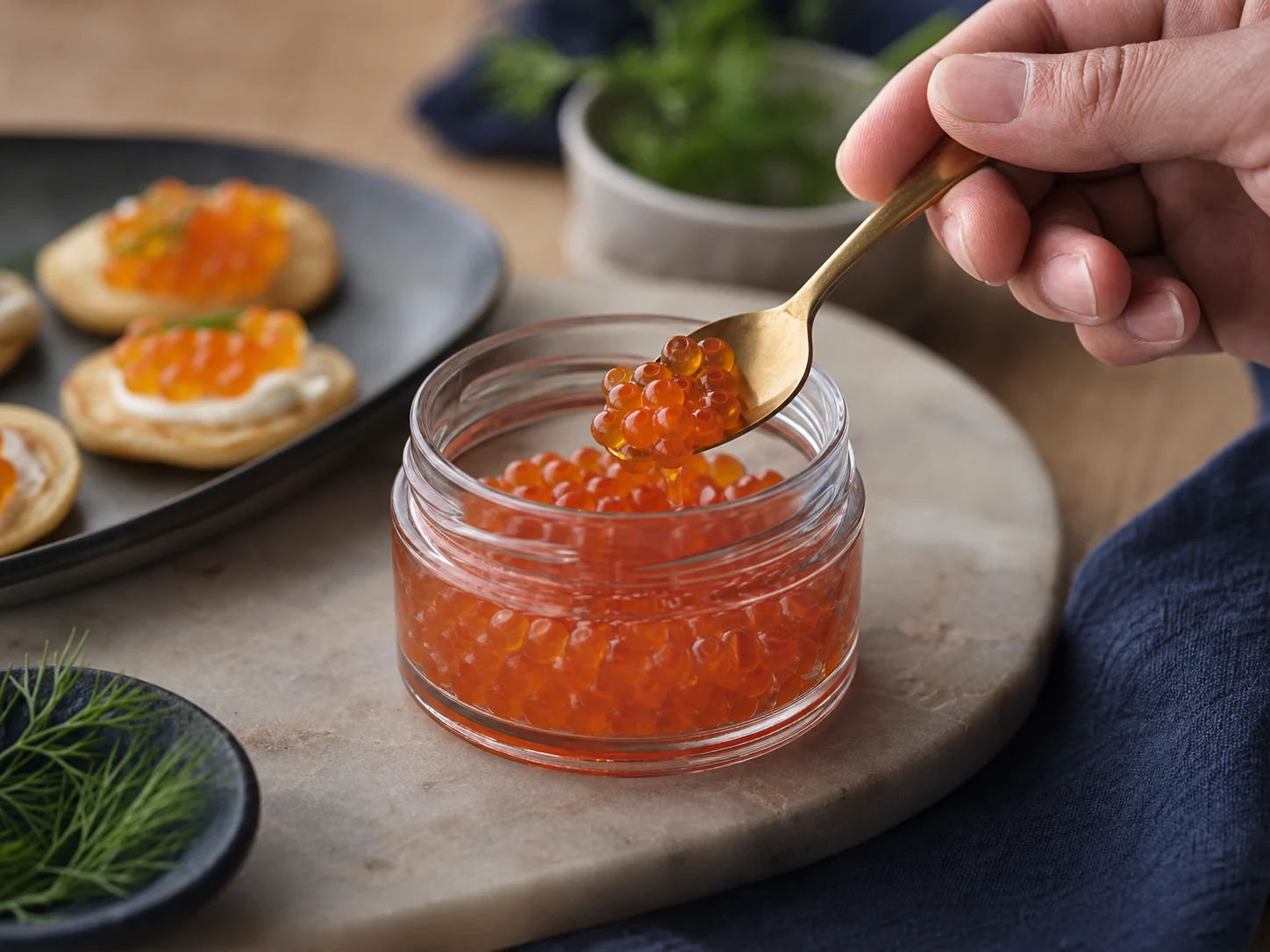 Pot pour caviar utilisé pour les œufs de saumon, de truite et l’ikura, dans un contexte d’œufs de poisson de grande taille