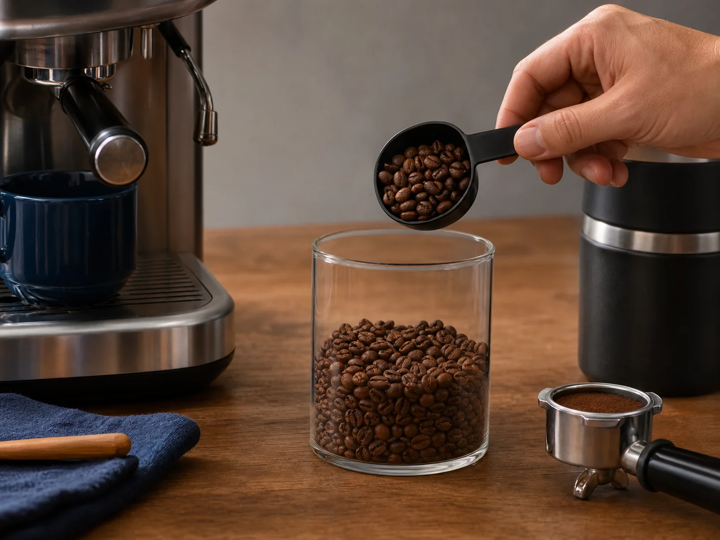 Bocal à café utilisé pour des doses quotidiennes d’espresso et de café filtre, comme réserve de grains entiers pour le service