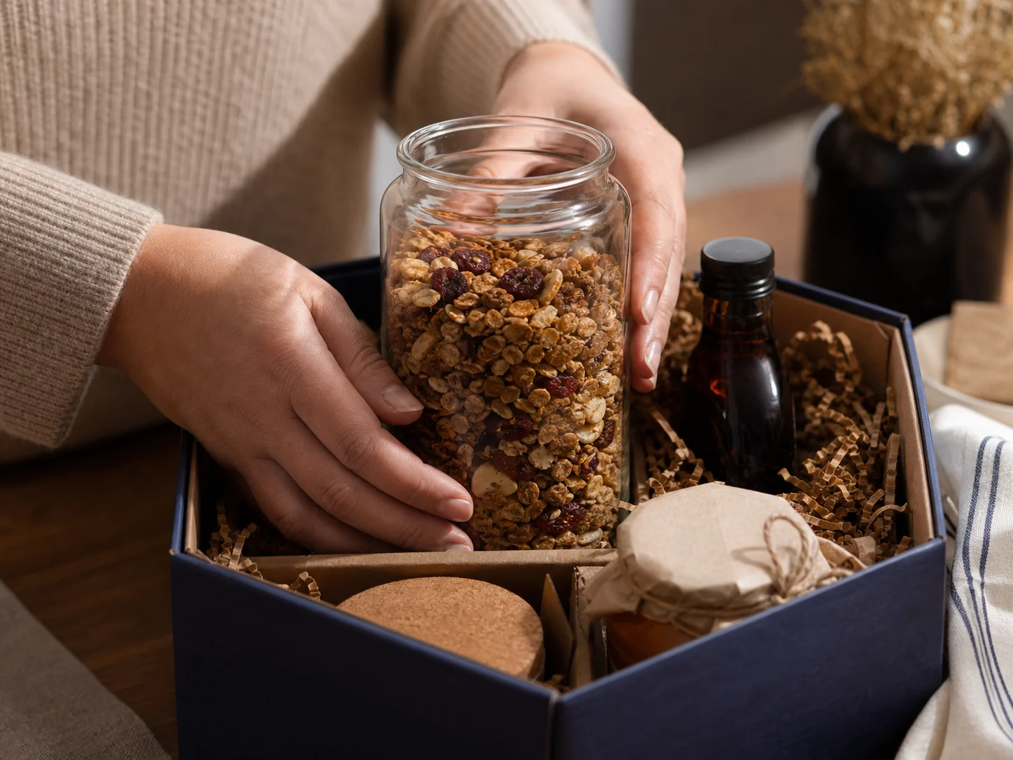 Bocal de rangement à bouchon en liège utilisé pour des aliments de spécialité et assortiments choisis, dans un contexte de coffrets cadeaux